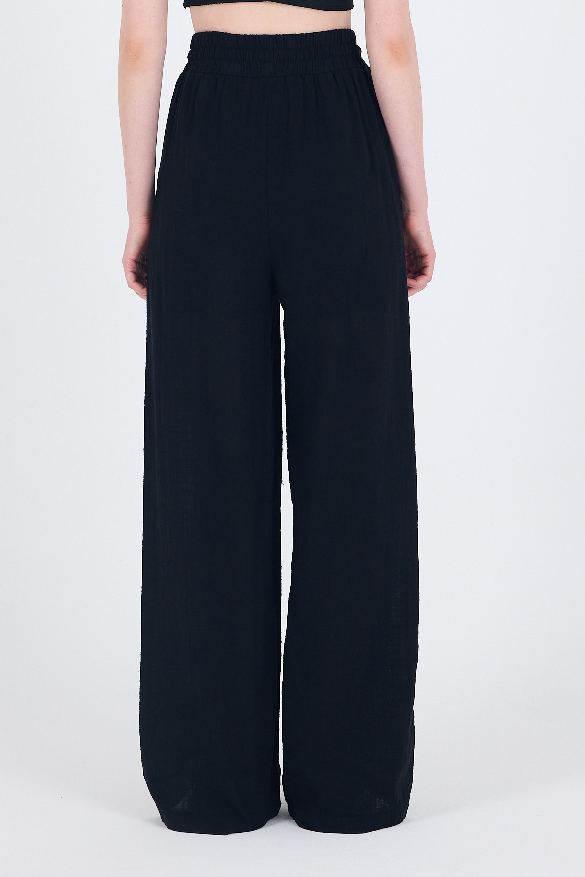 Siyah Keten Görünümlü %100 Pamuk Bol Paça Pantolon 3040 - 5