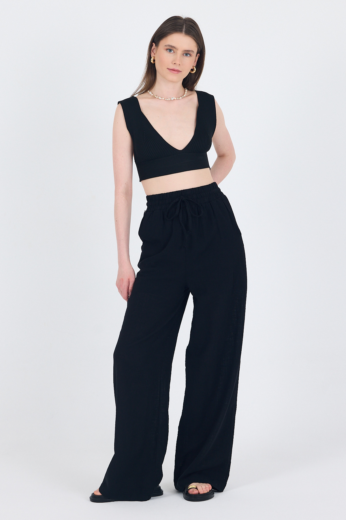 Siyah Keten Görünümlü %100 Pamuk Bol Paça Pantolon 3040 - 3