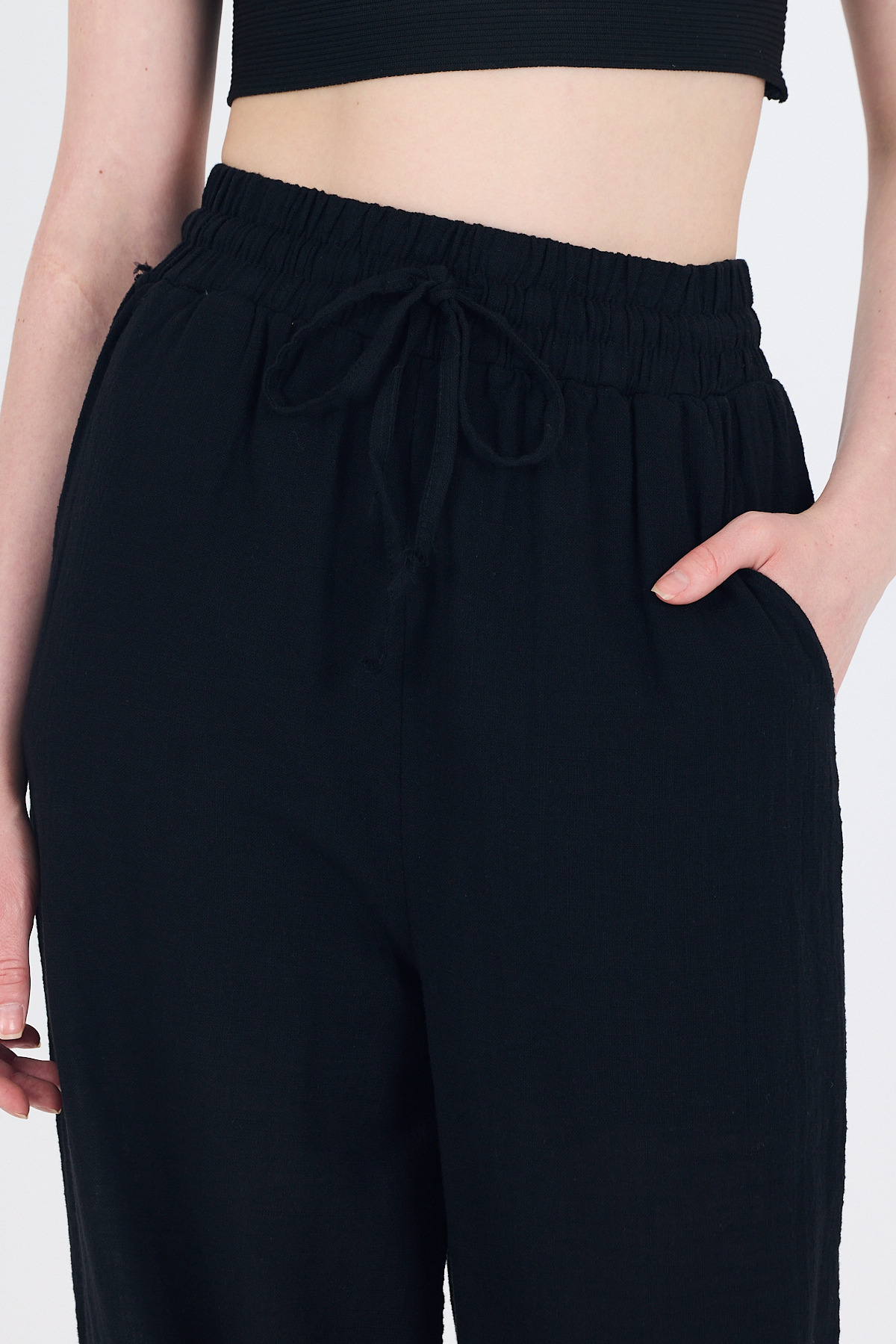 Siyah Keten Görünümlü %100 Pamuk Bol Paça Pantolon 3040 - 4