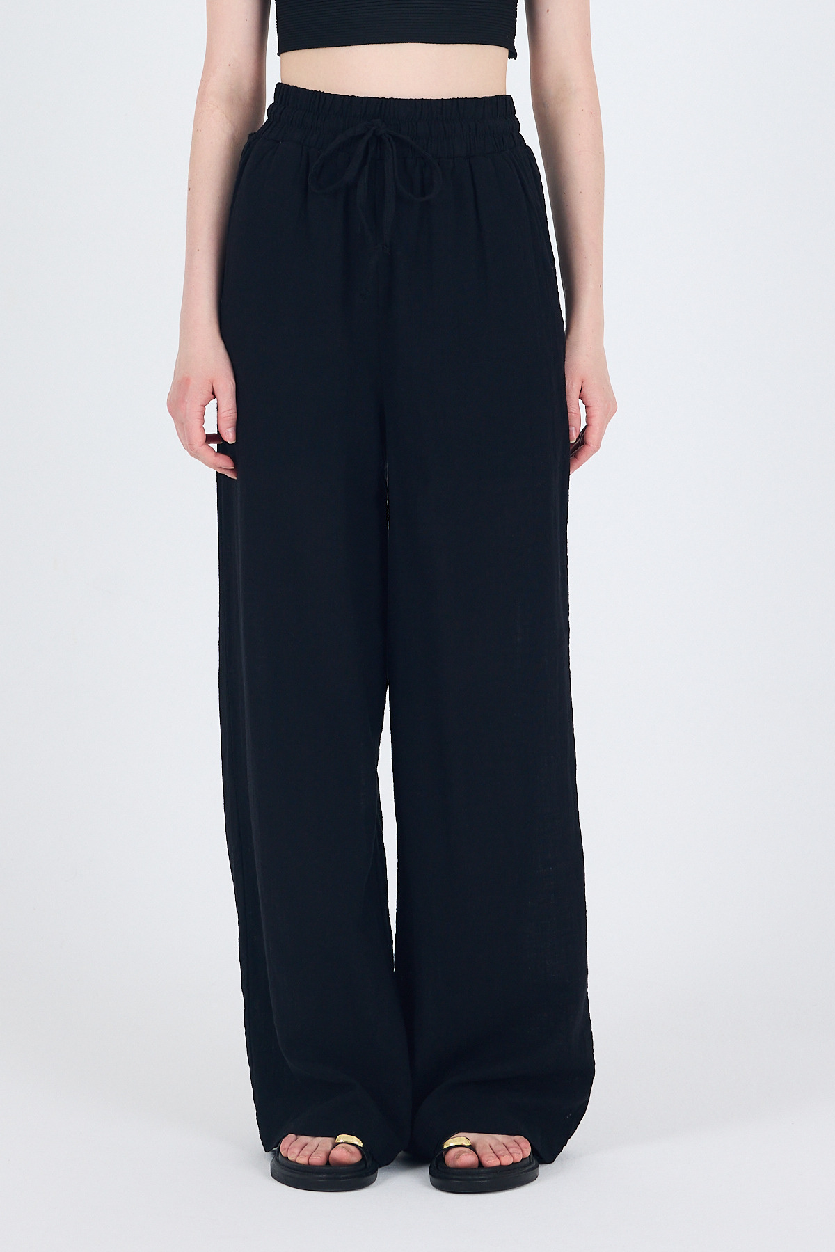 Siyah Keten Görünümlü %100 Pamuk Bol Paça Pantolon 3040 - 6