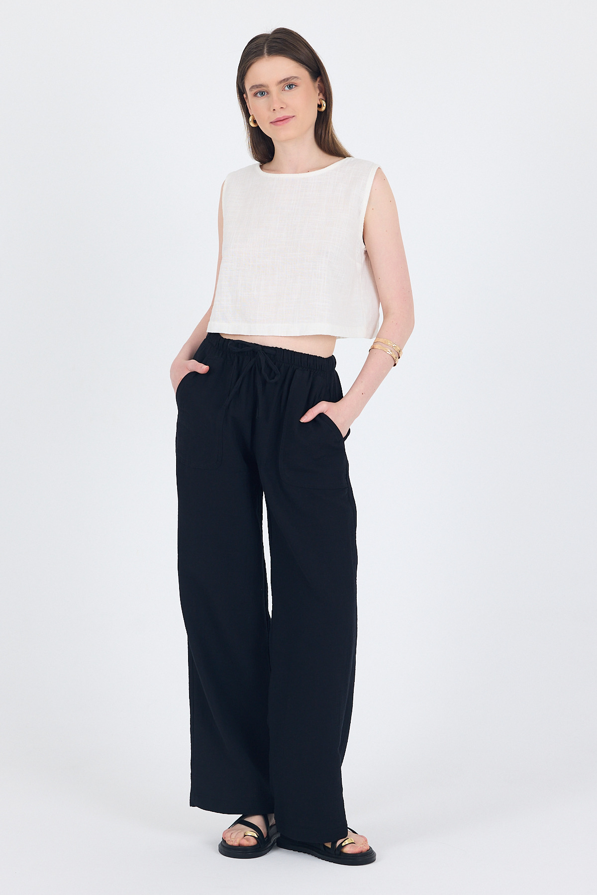 Siyah Keten Görünümlü %100 Pamuk Cepli Bol Paça Pantolon 8054A - 2