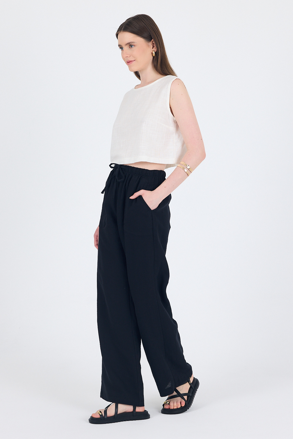 Siyah Keten Görünümlü %100 Pamuk Cepli Bol Paça Pantolon 8054A - 3