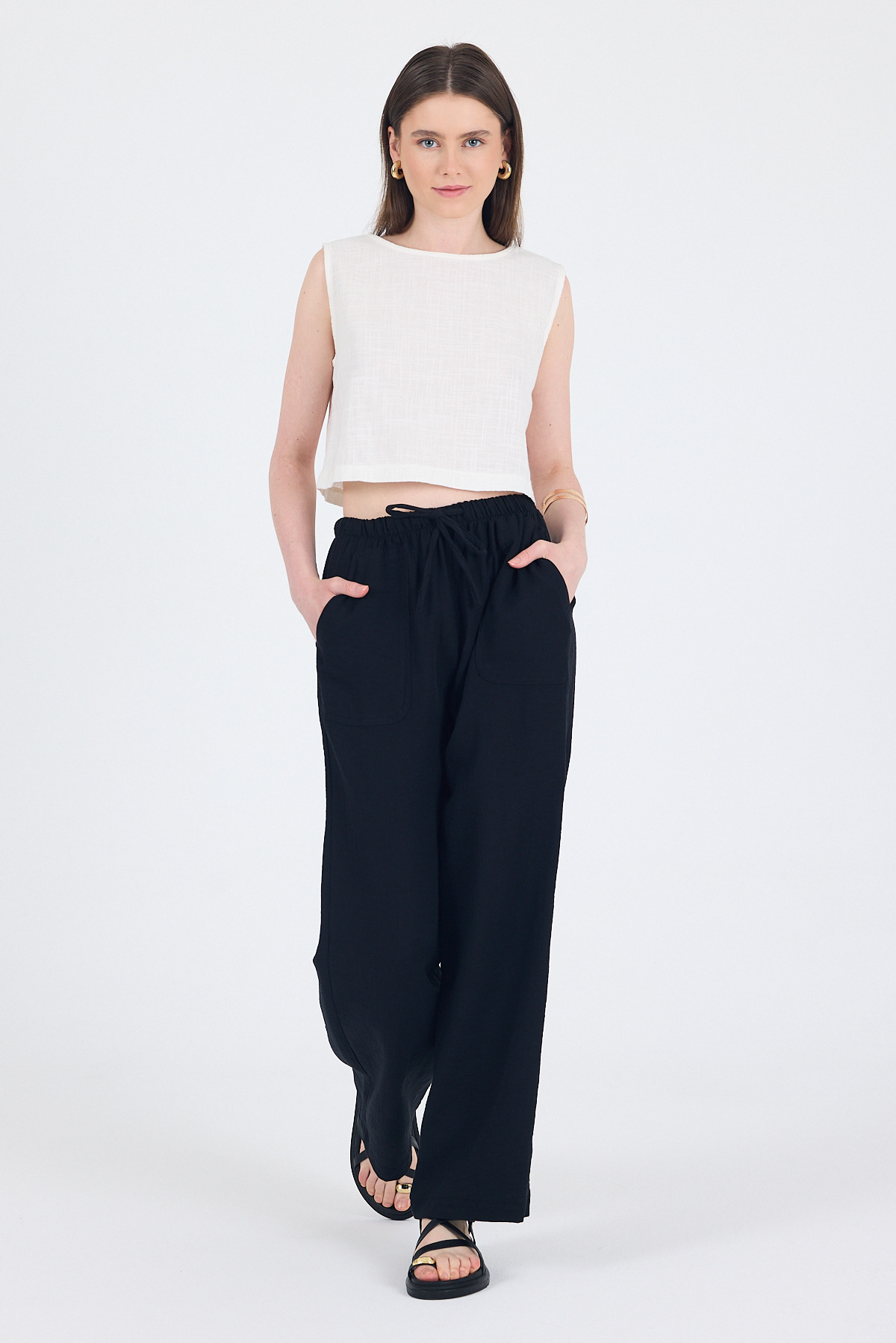 Siyah Keten Görünümlü %100 Pamuk Cepli Bol Paça Pantolon 8054A - 7