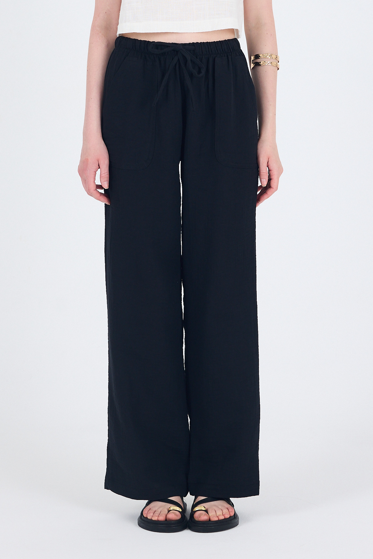 Siyah Keten Görünümlü %100 Pamuk Cepli Bol Paça Pantolon 8054A - 5