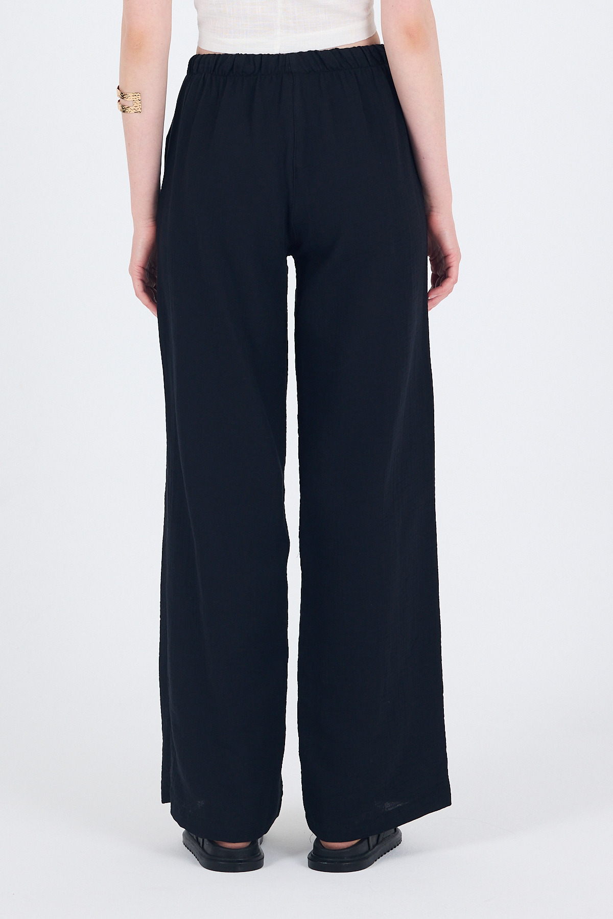 Siyah Keten Görünümlü %100 Pamuk Cepli Bol Paça Pantolon 8054A - 6