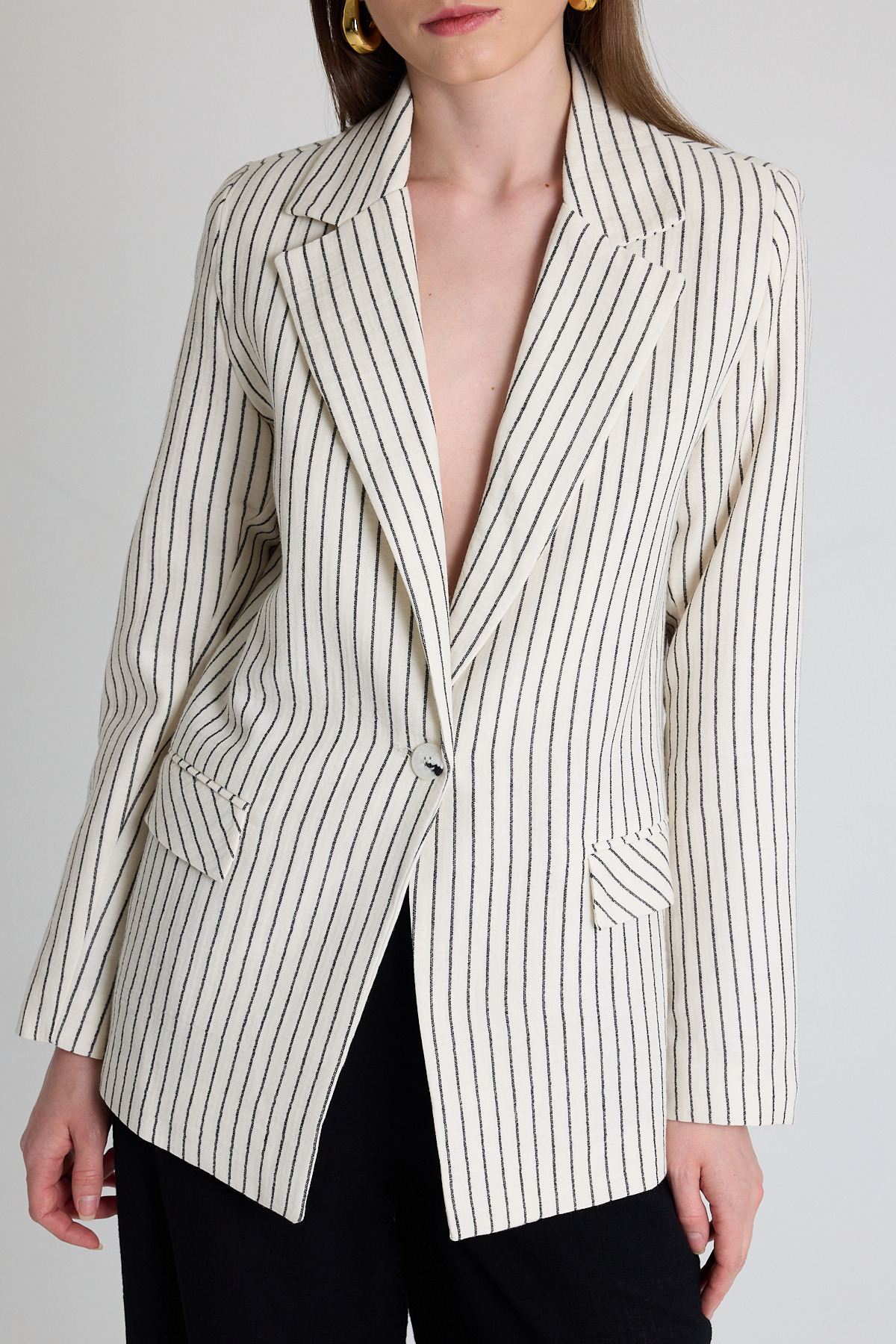 Siyah Keten Görünümlü %100 Pamuk Çizgili Blazer Ceket 2305 - 6