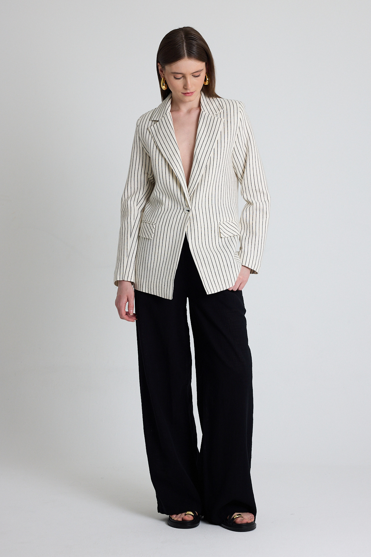Siyah Keten Görünümlü %100 Pamuk Çizgili Blazer Ceket 2305 - 2