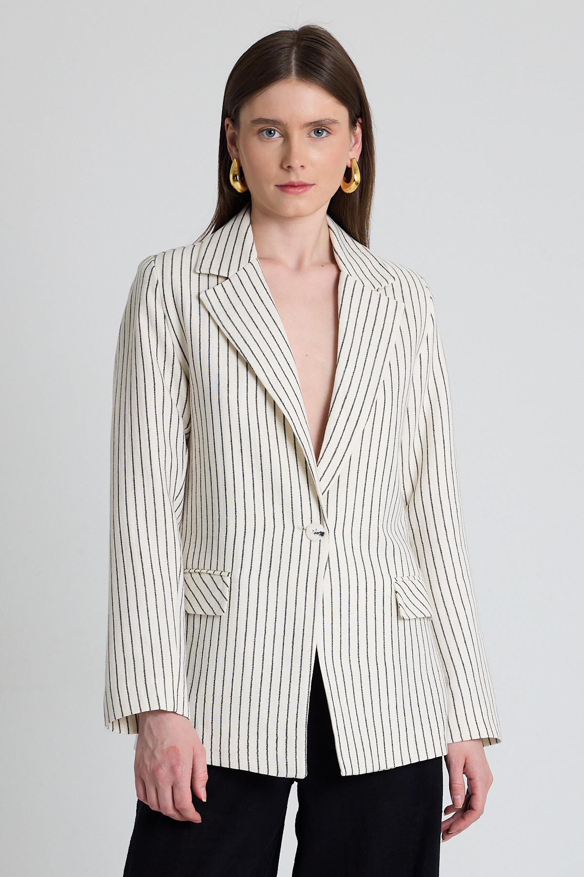Siyah Keten Görünümlü %100 Pamuk Çizgili Blazer Ceket 2305 - 1
