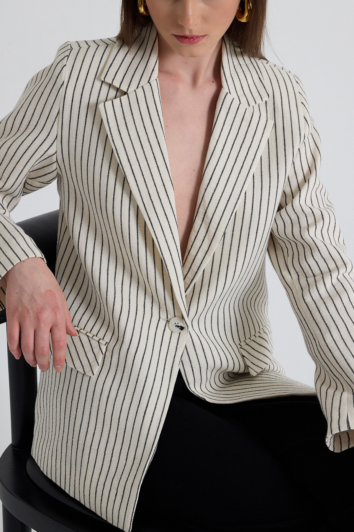 Siyah Keten Görünümlü %100 Pamuk Çizgili Blazer Ceket 2305 - 3