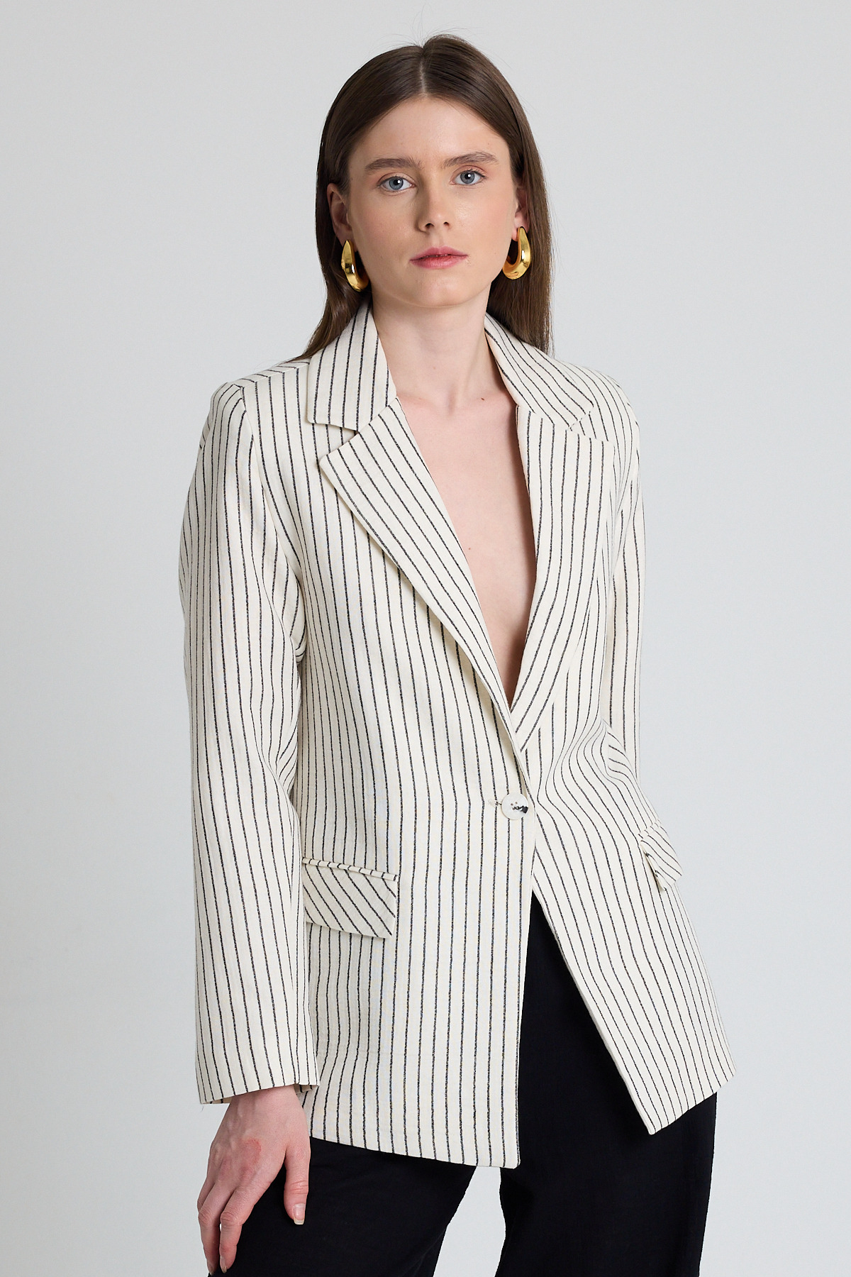 Siyah Keten Görünümlü %100 Pamuk Çizgili Blazer Ceket 2305 - 7