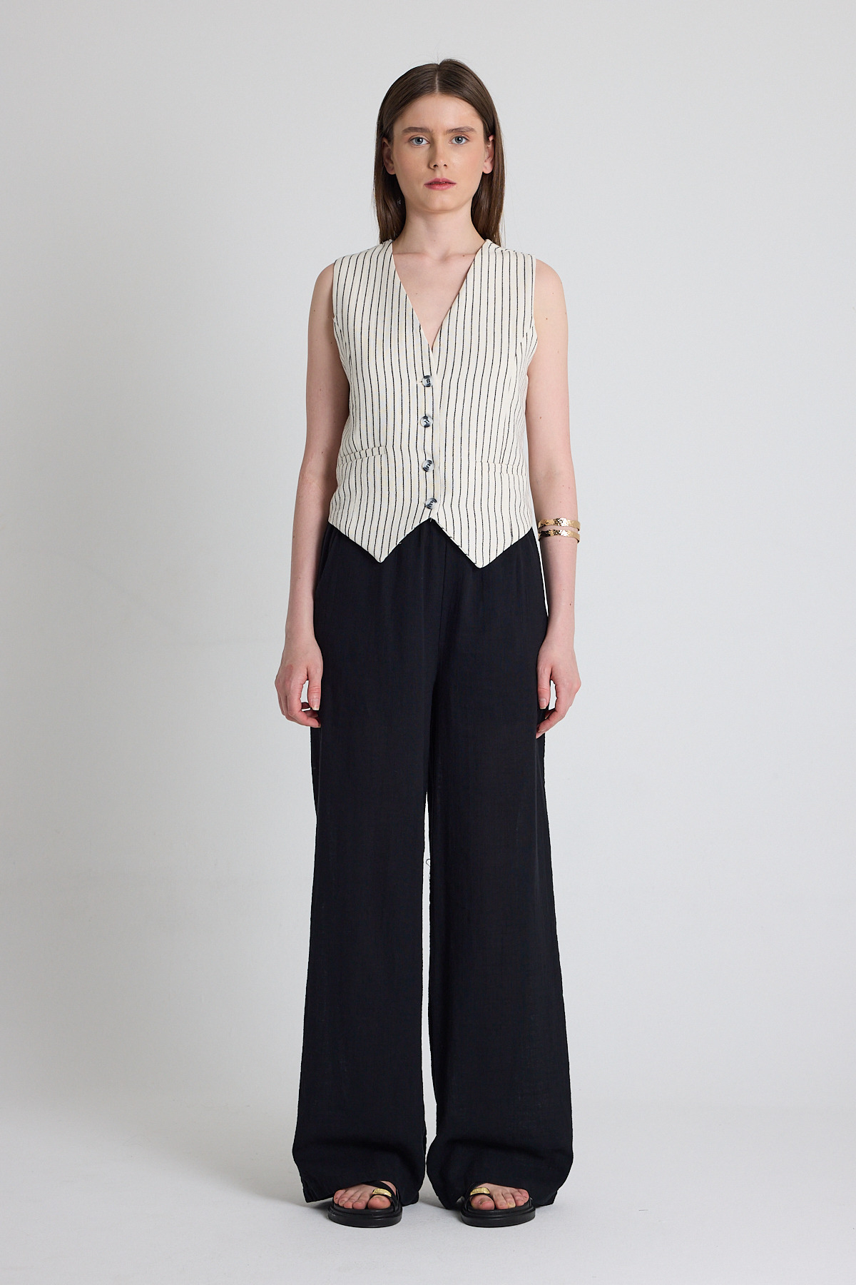 Siyah Keten Görünümlü %100 Pamuk Çizgili Yelek 2323 - 3