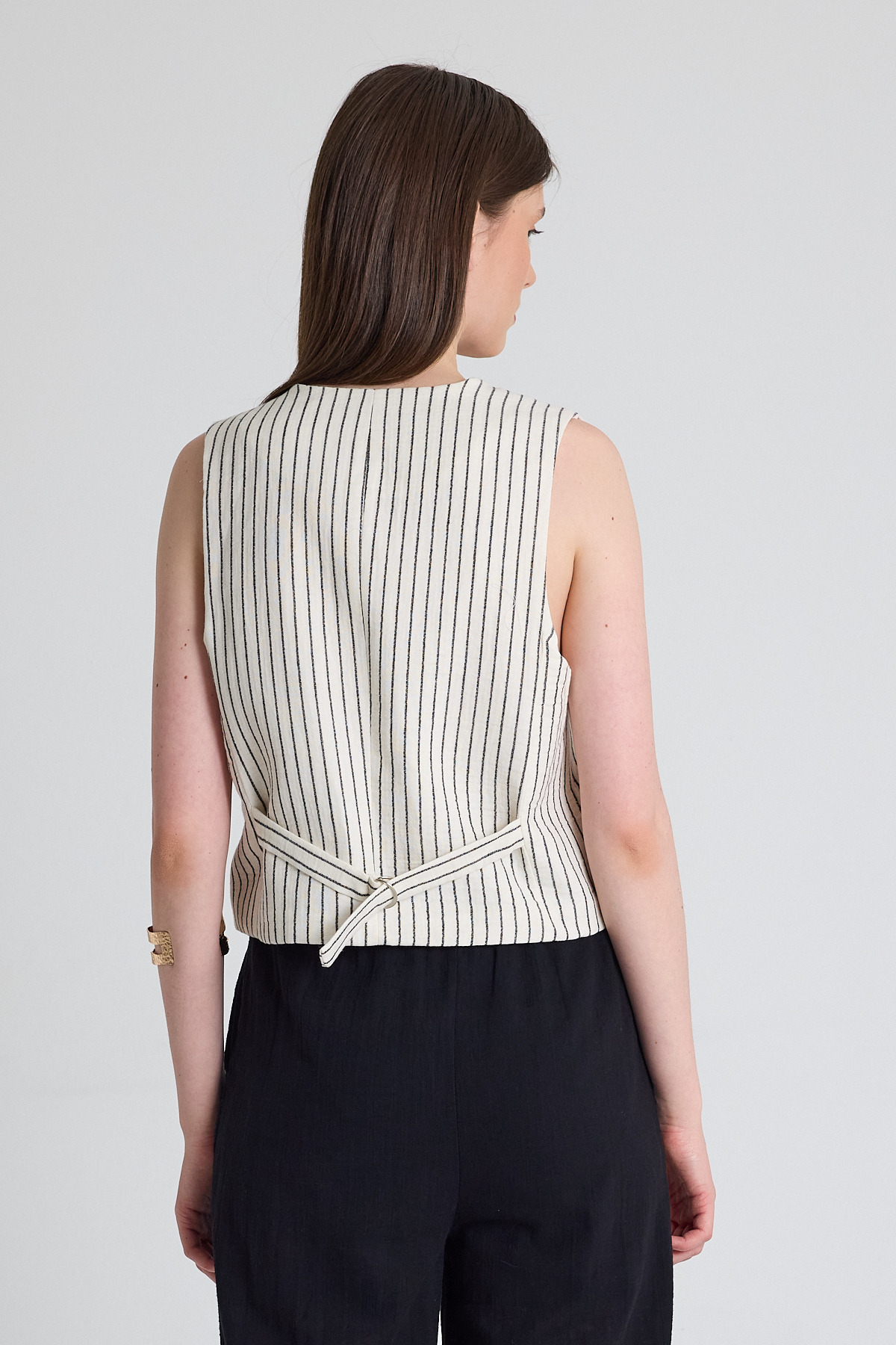 Siyah Keten Görünümlü %100 Pamuk Çizgili Yelek 2323 - 5