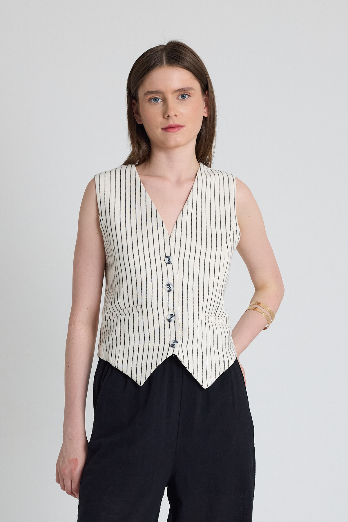 Siyah Keten Görünümlü %100 Pamuk Çizgili Yelek 2323 - 1