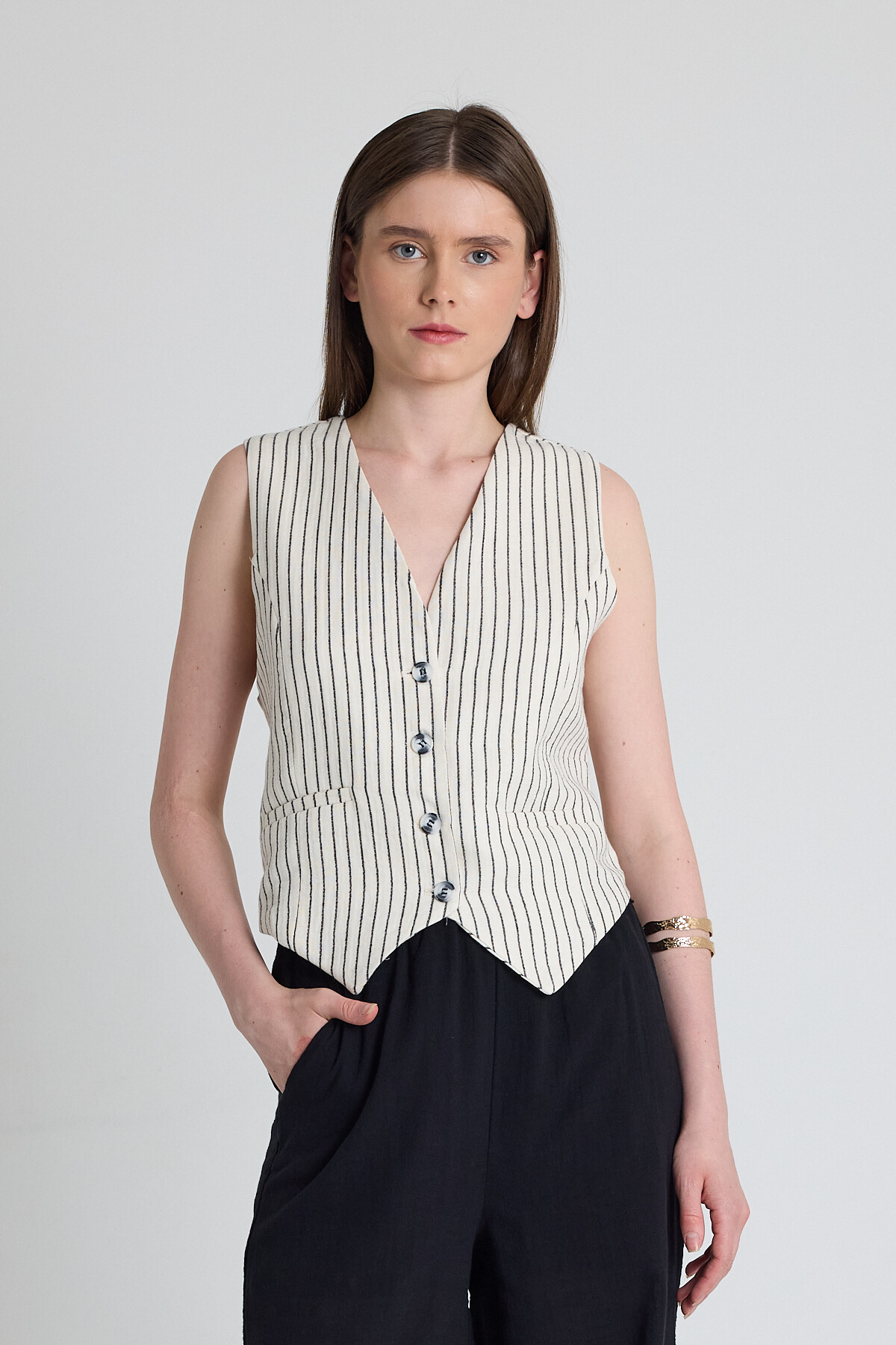 Siyah Keten Görünümlü %100 Pamuk Çizgili Yelek 2323 - 6