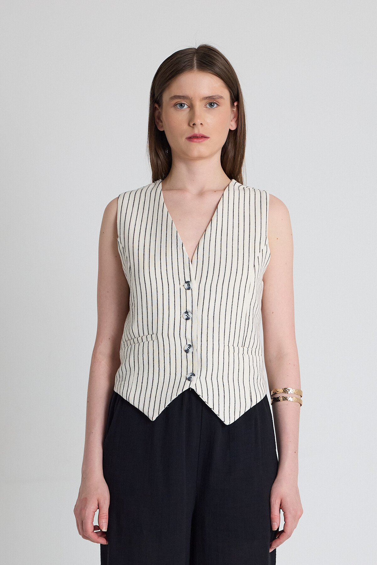 Siyah Keten Görünümlü %100 Pamuk Çizgili Yelek 2323 - RAYS