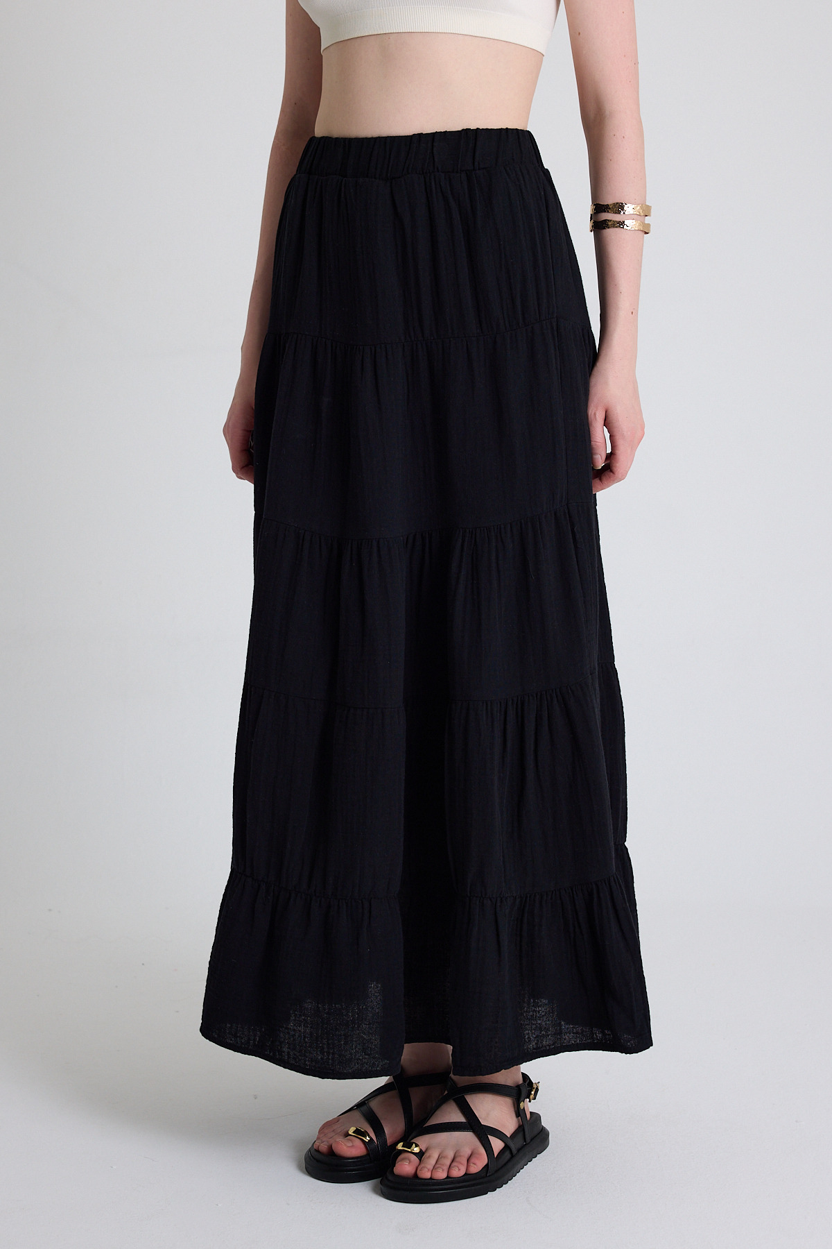 Siyah Keten Görünümlü %100 Pamuk Kat Kat Uzun Etek 4801A - RAYS