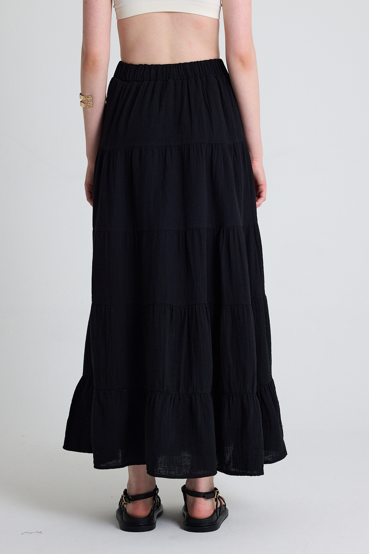 Siyah Keten Görünümlü %100 Pamuk Kat Kat Uzun Etek 4801A - 5