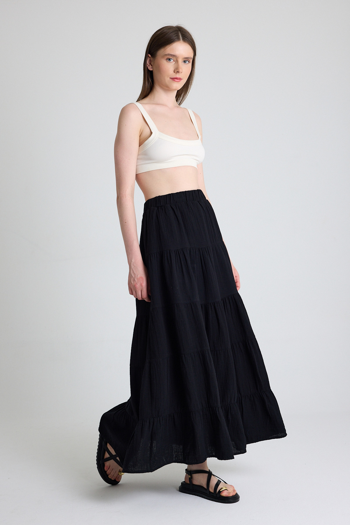 Siyah Keten Görünümlü %100 Pamuk Kat Kat Uzun Etek 4801A - RAYS