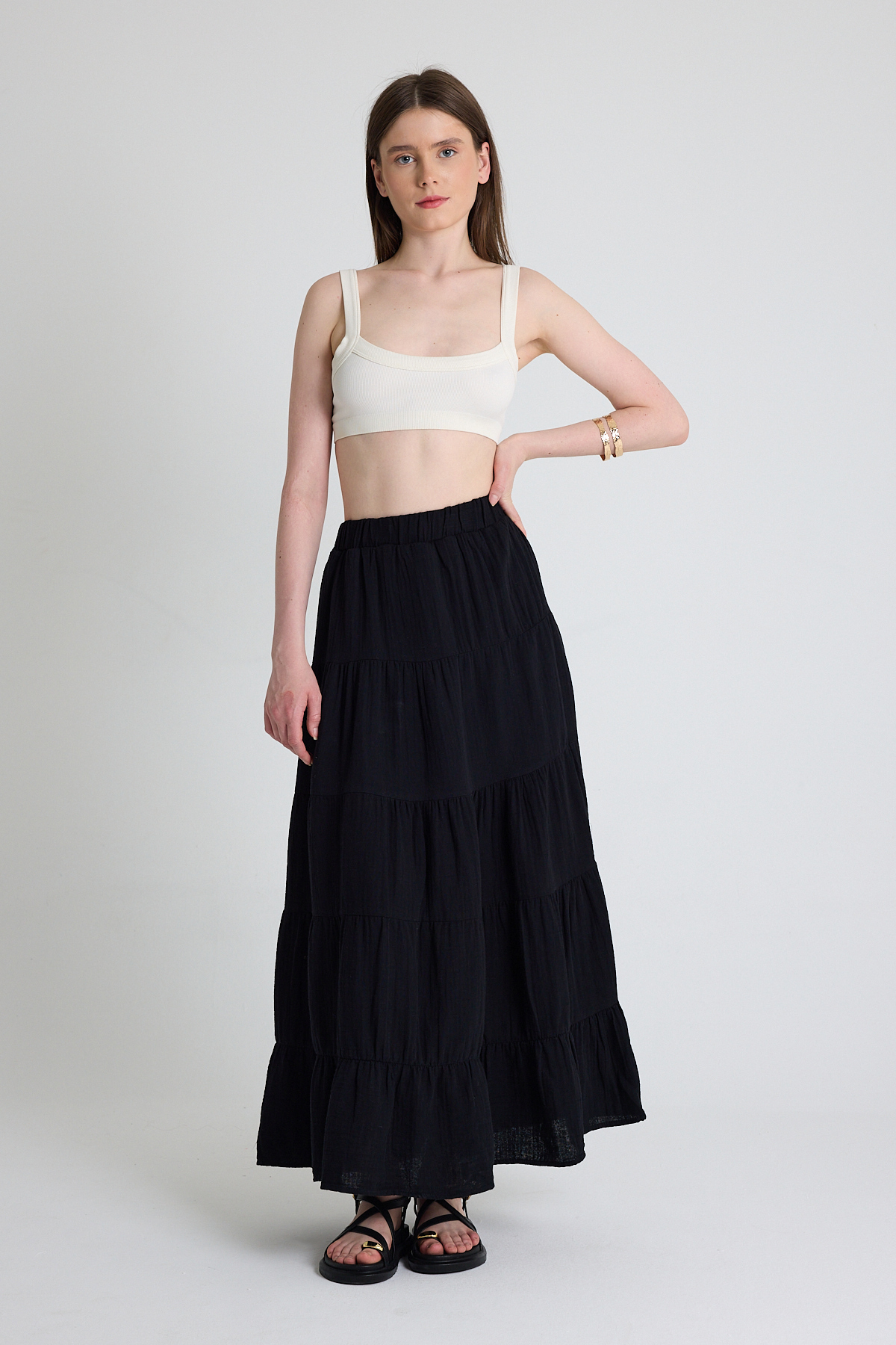 Siyah Keten Görünümlü %100 Pamuk Kat Kat Uzun Etek 4801A 