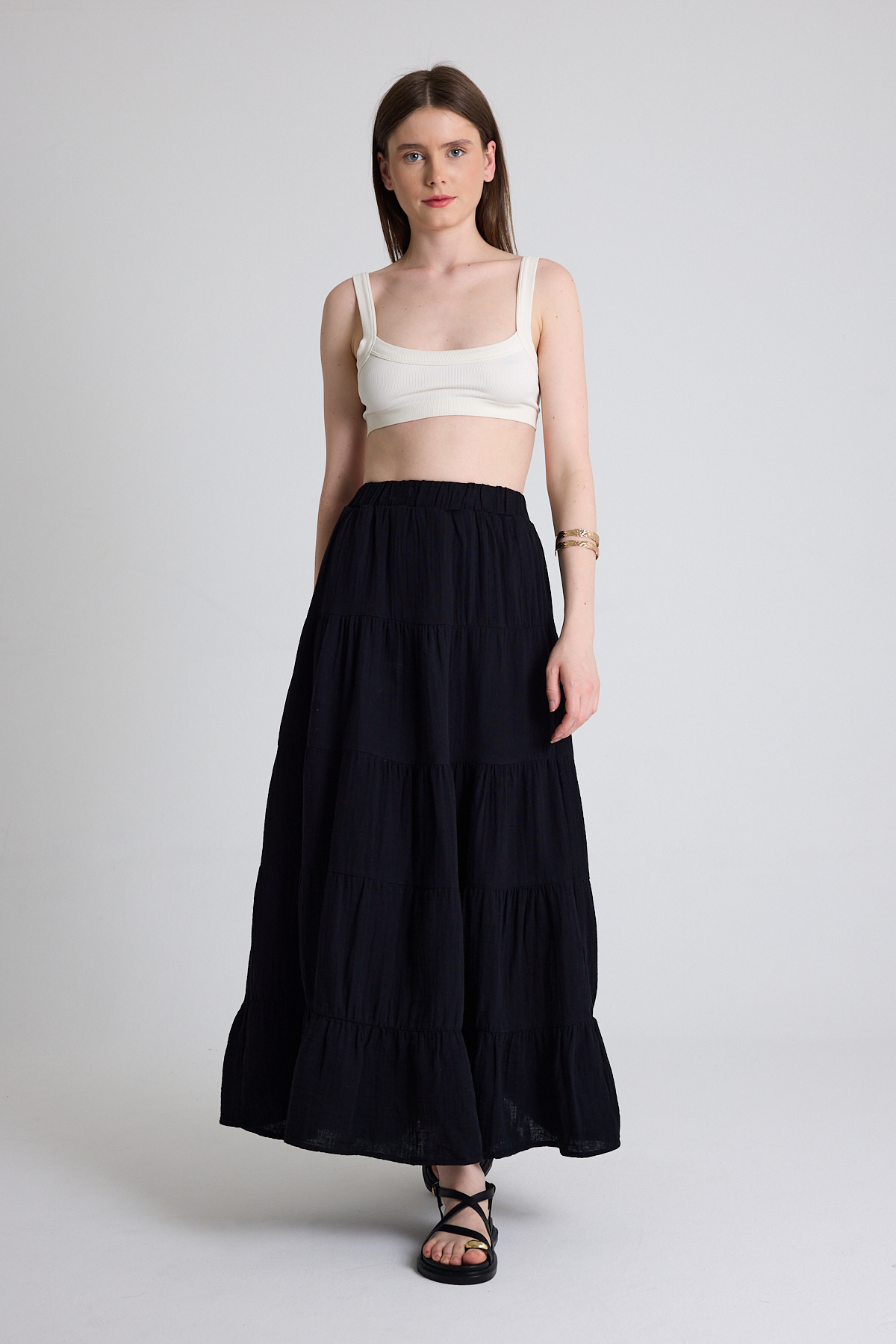 Siyah Keten Görünümlü %100 Pamuk Kat Kat Uzun Etek 4801A - 2