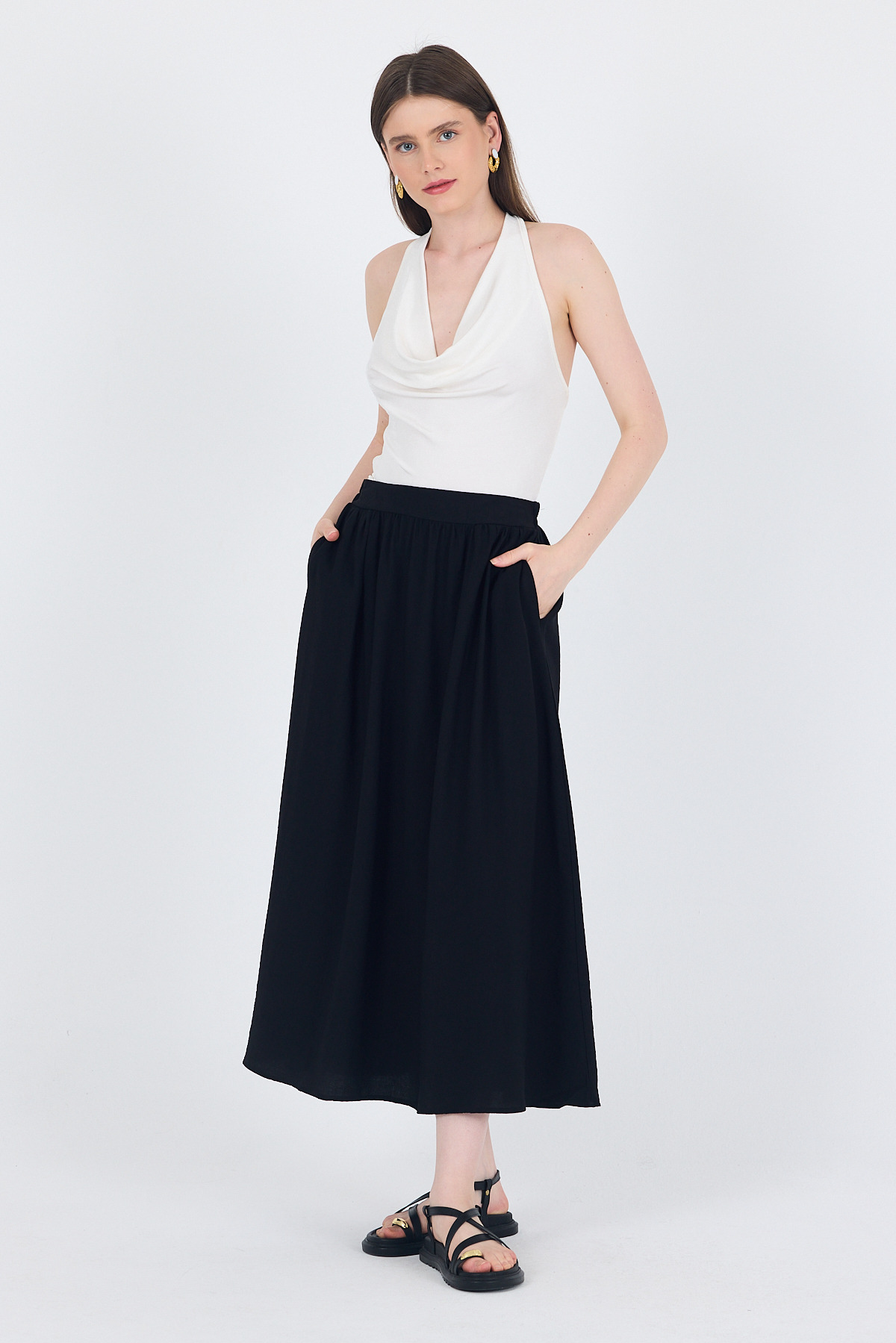 Siyah Keten Görünümlü Cep Detaylı Midi Etek 2344 - RAYS