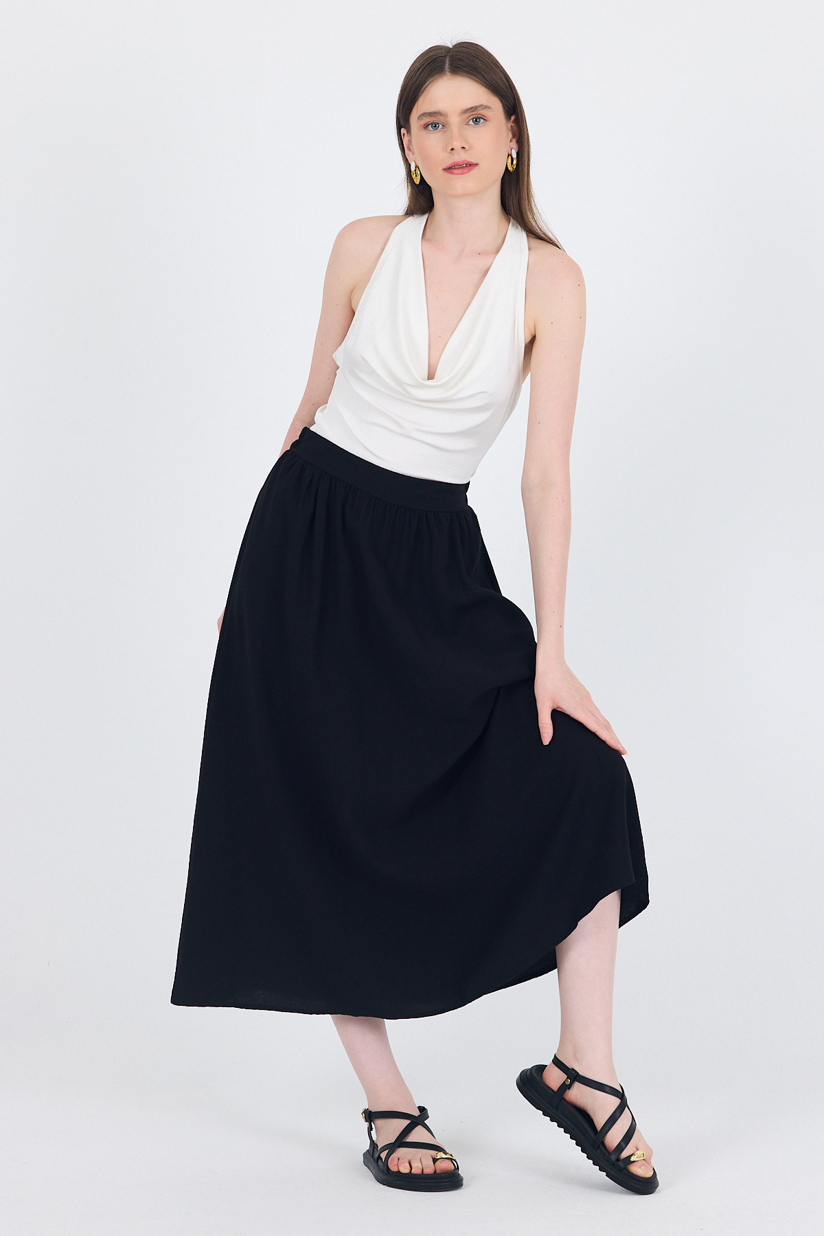 Siyah Keten Görünümlü Cep Detaylı Midi Etek 2344 - RAYS