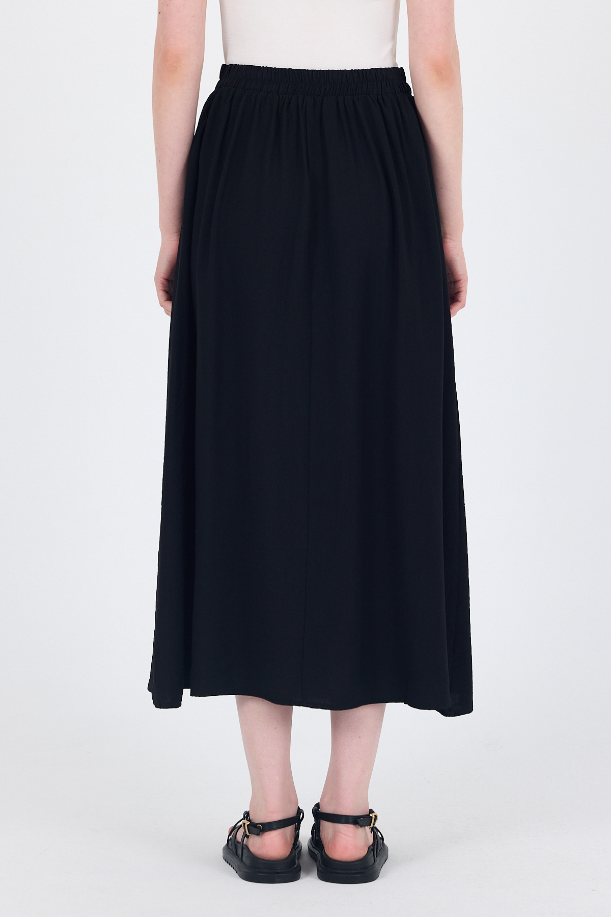 Siyah Keten Görünümlü Cep Detaylı Midi Etek 2344 - 5