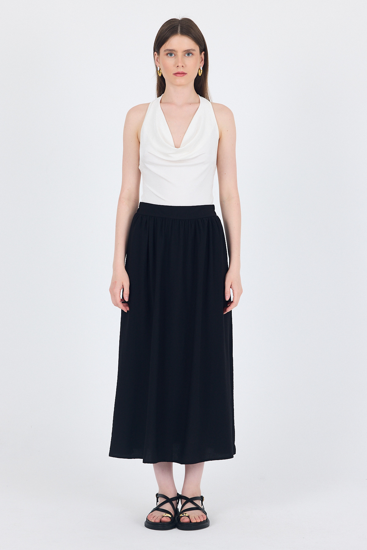 Siyah Keten Görünümlü Cep Detaylı Midi Etek 2344 - RAYS