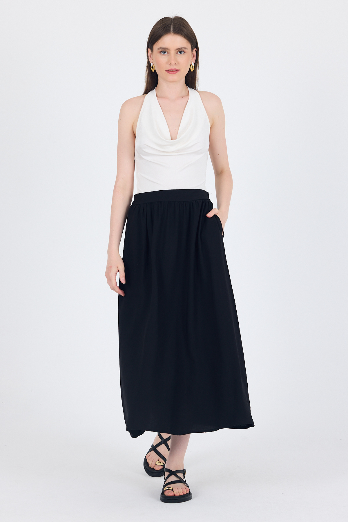 Siyah Keten Görünümlü Cep Detaylı Midi Etek 2344 - 3