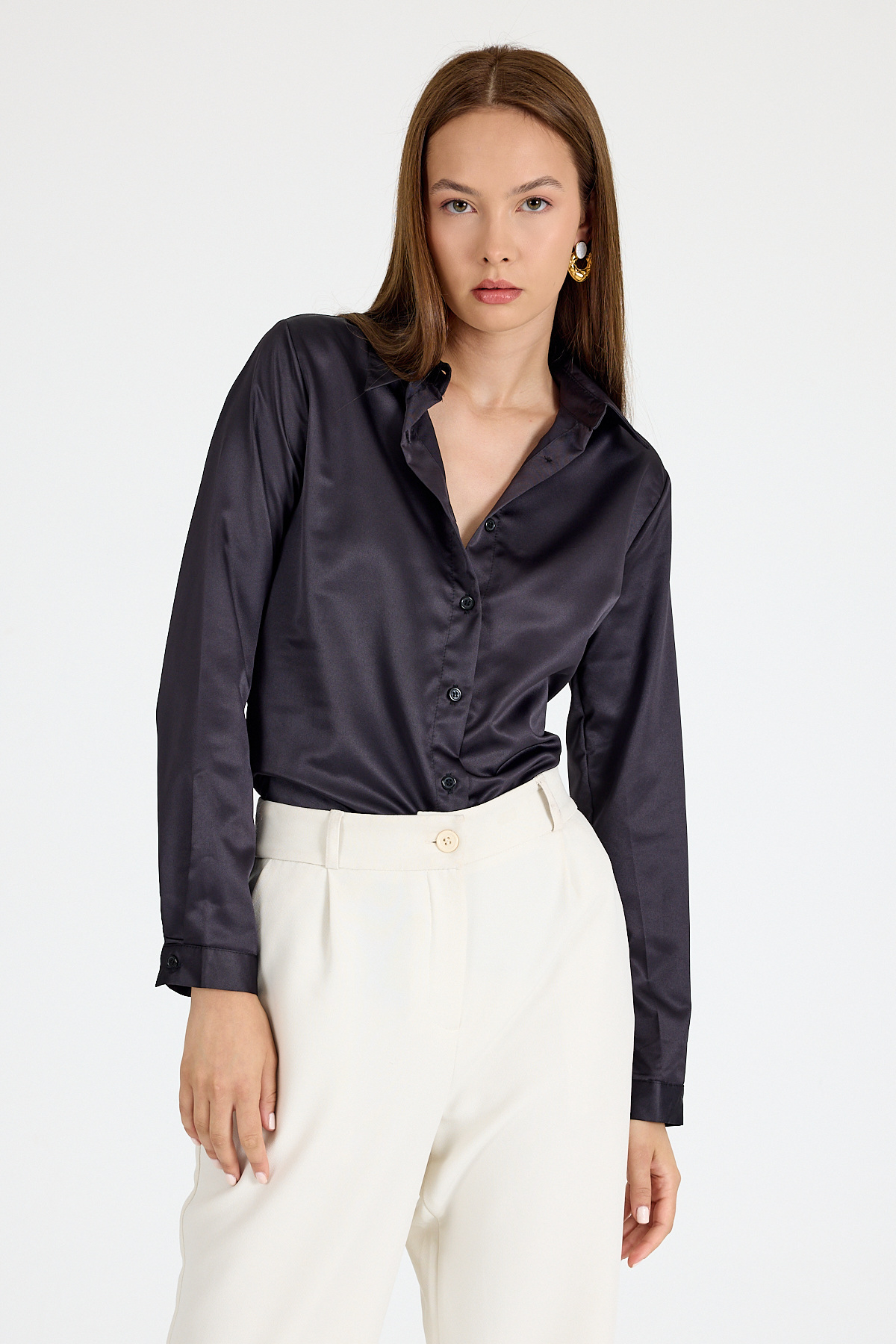 Siyah Klasik Kesim Saten Gömlek 4105A - 6