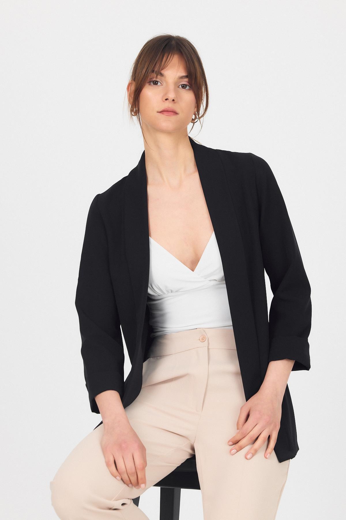 Siyah Kol Katlama Detay Önü Açık Ceket 3456 - 2