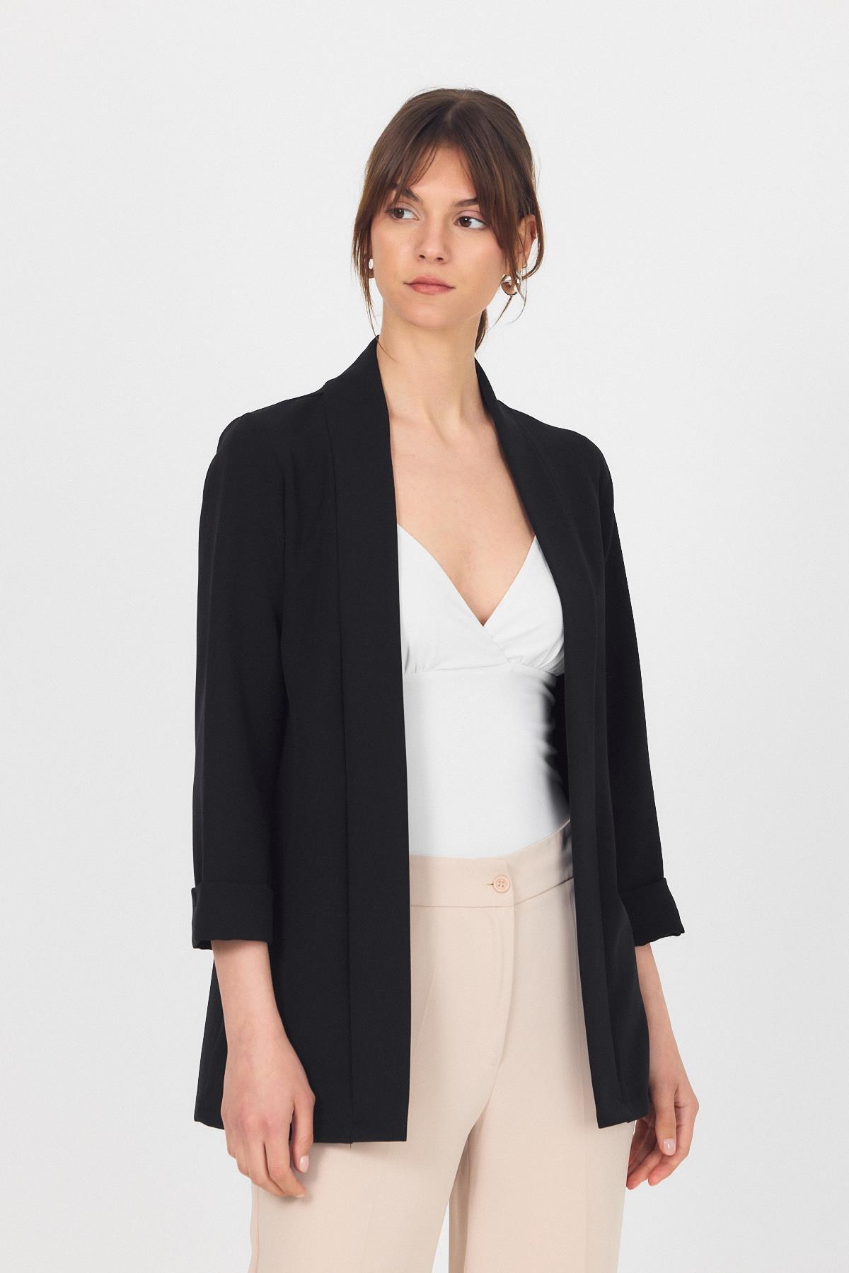 Siyah Kol Katlama Detay Önü Açık Ceket 3456 