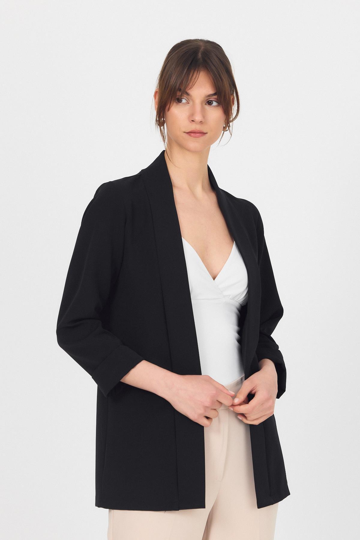 Siyah Kol Katlama Detay Önü Açık Ceket 3456 - 7