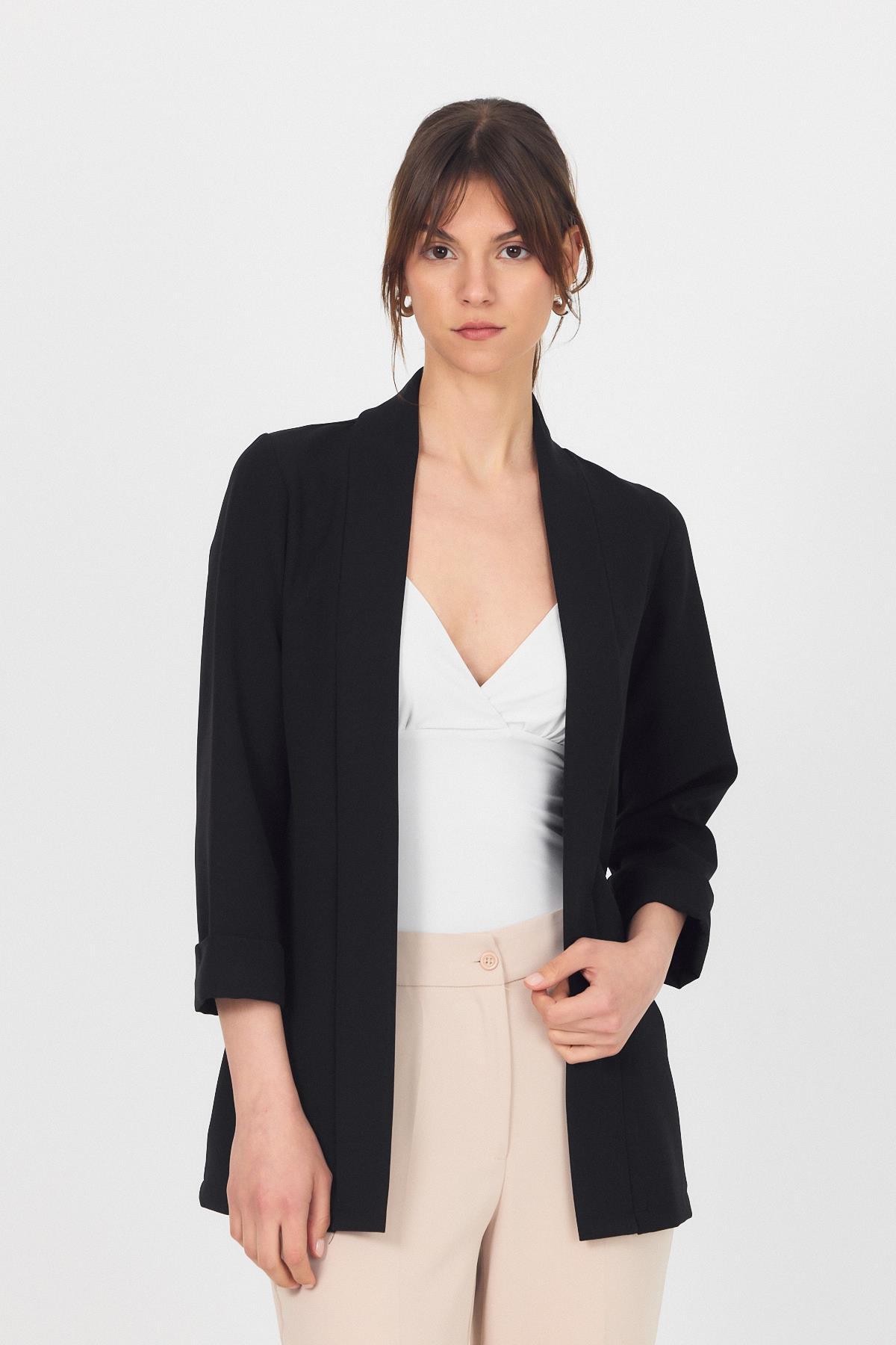 Siyah Kol Katlama Detay Önü Açık Ceket 3456 - 8