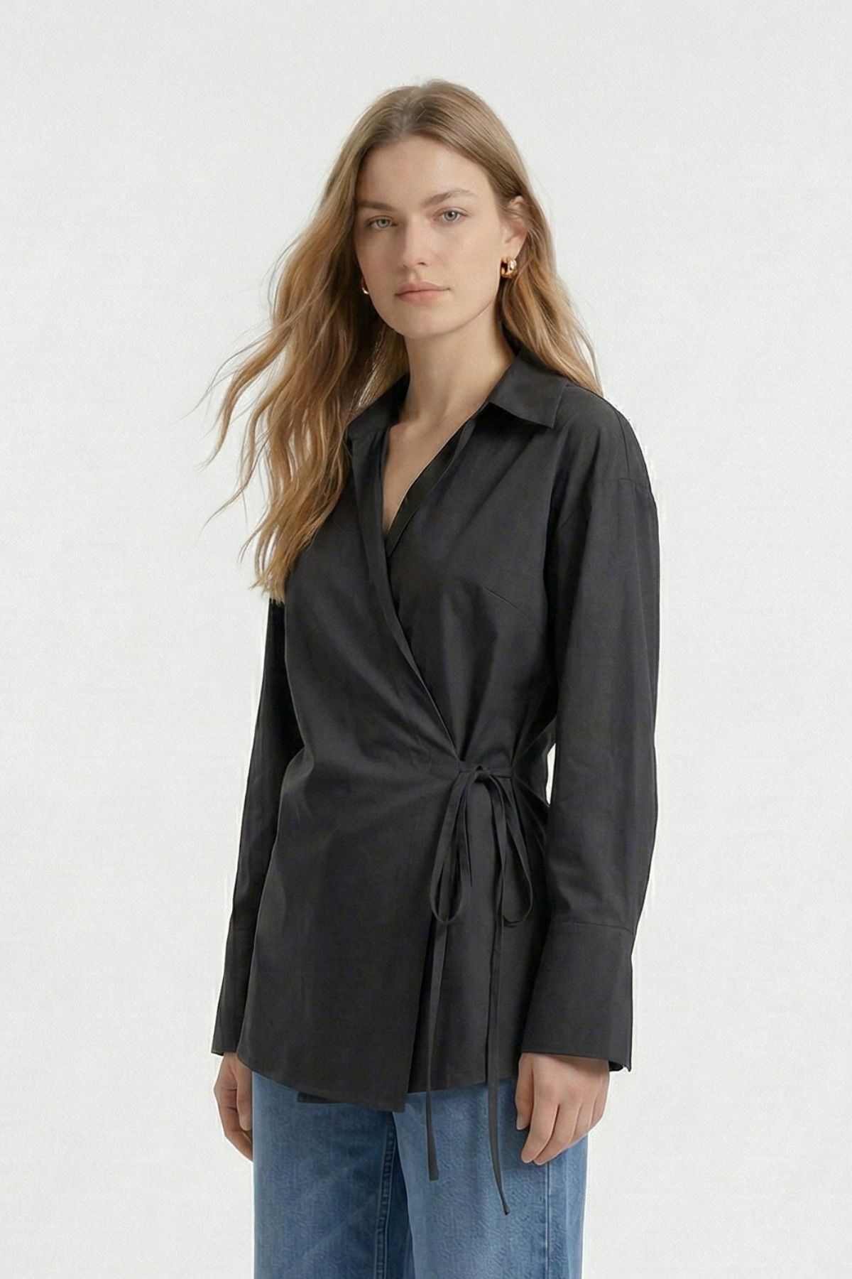 Siyah Kol Yırtmaçlı Yandan Bağlamalı Gömlek 5257 - RAYS