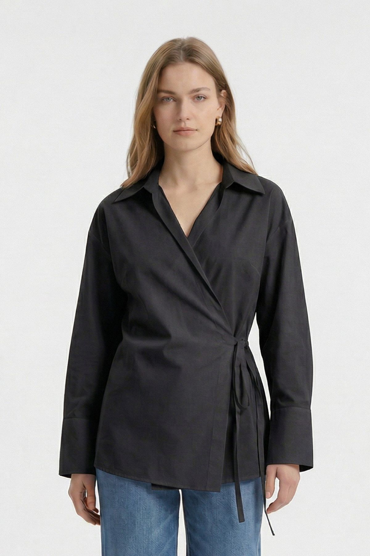 Siyah Kol Yırtmaçlı Yandan Bağlamalı Gömlek 5257 - 3