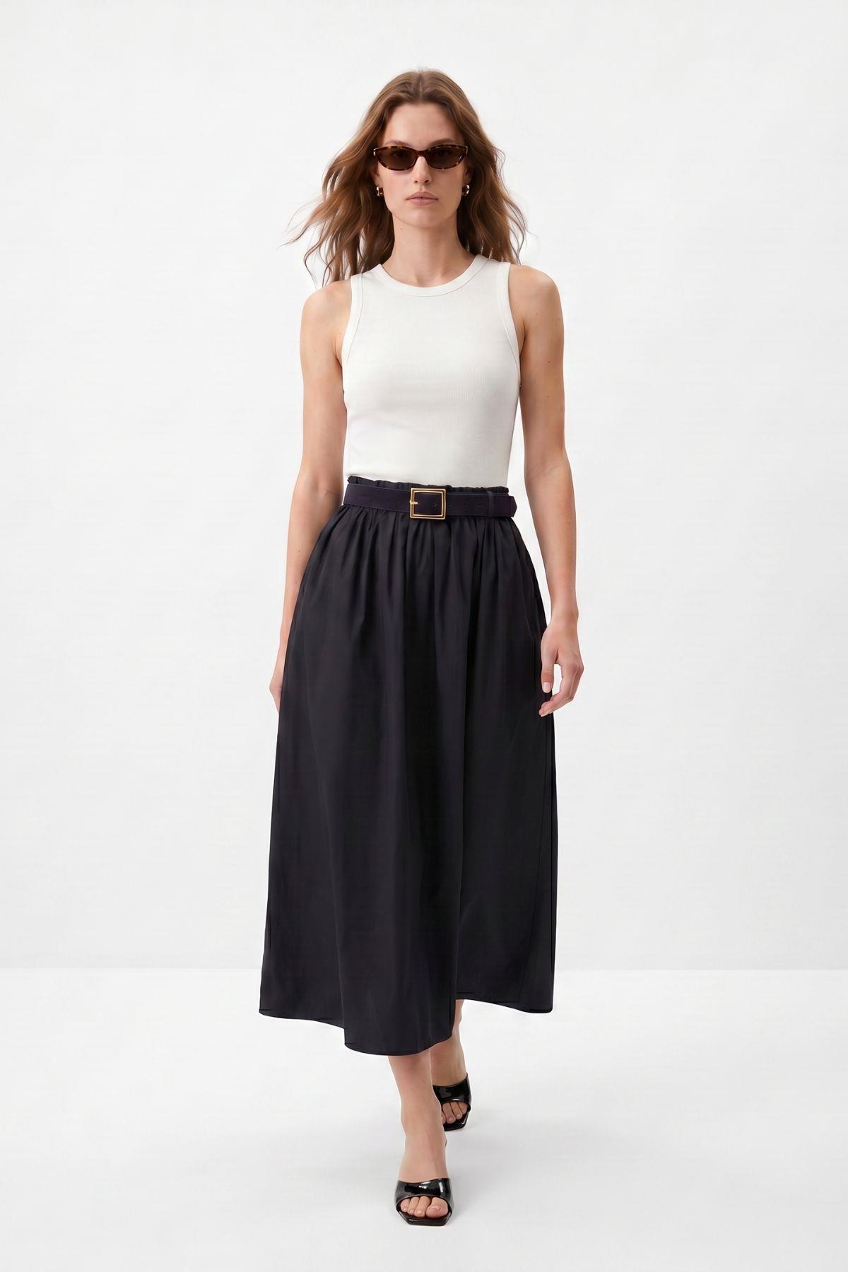 Kolsuz Cepli Kemerli Kloş Poplin Uzun Elbise 3263 Siyah - RAYS