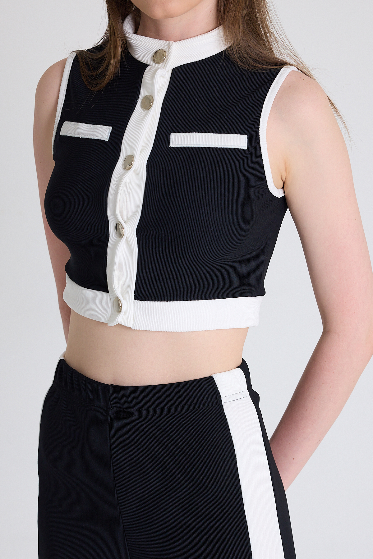 Siyah Kolsuz Crop Bluz ve Şeritli Palazzo Pantolon Takım 2214 - 4