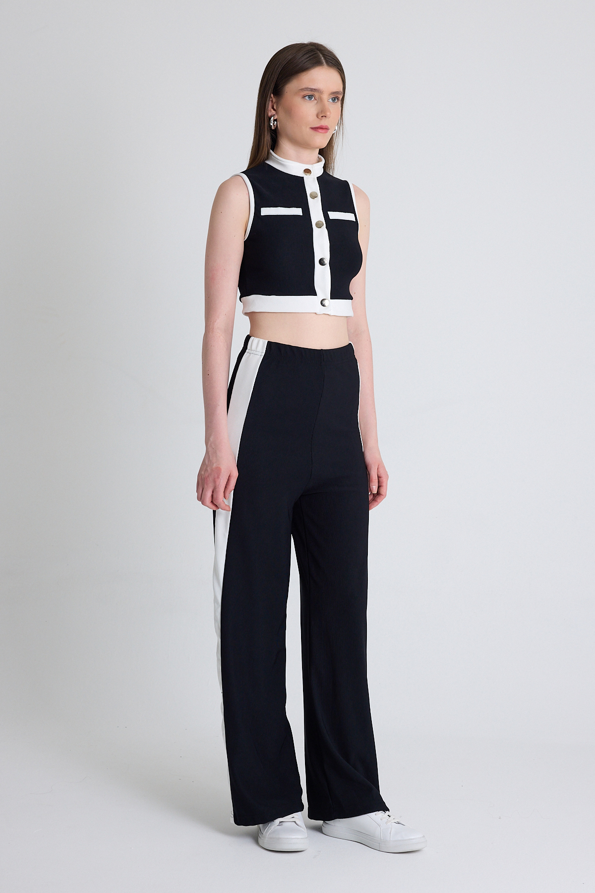 Siyah Kolsuz Crop Bluz ve Şeritli Palazzo Pantolon Takım 2215 - 6