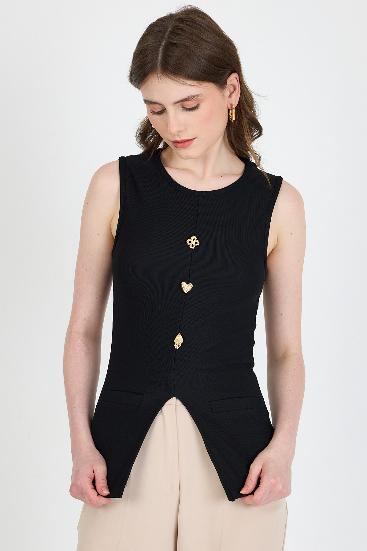 Siyah Kolsuz Düğme Detaylı Cep Detaylı Bluz 017 - RAYS