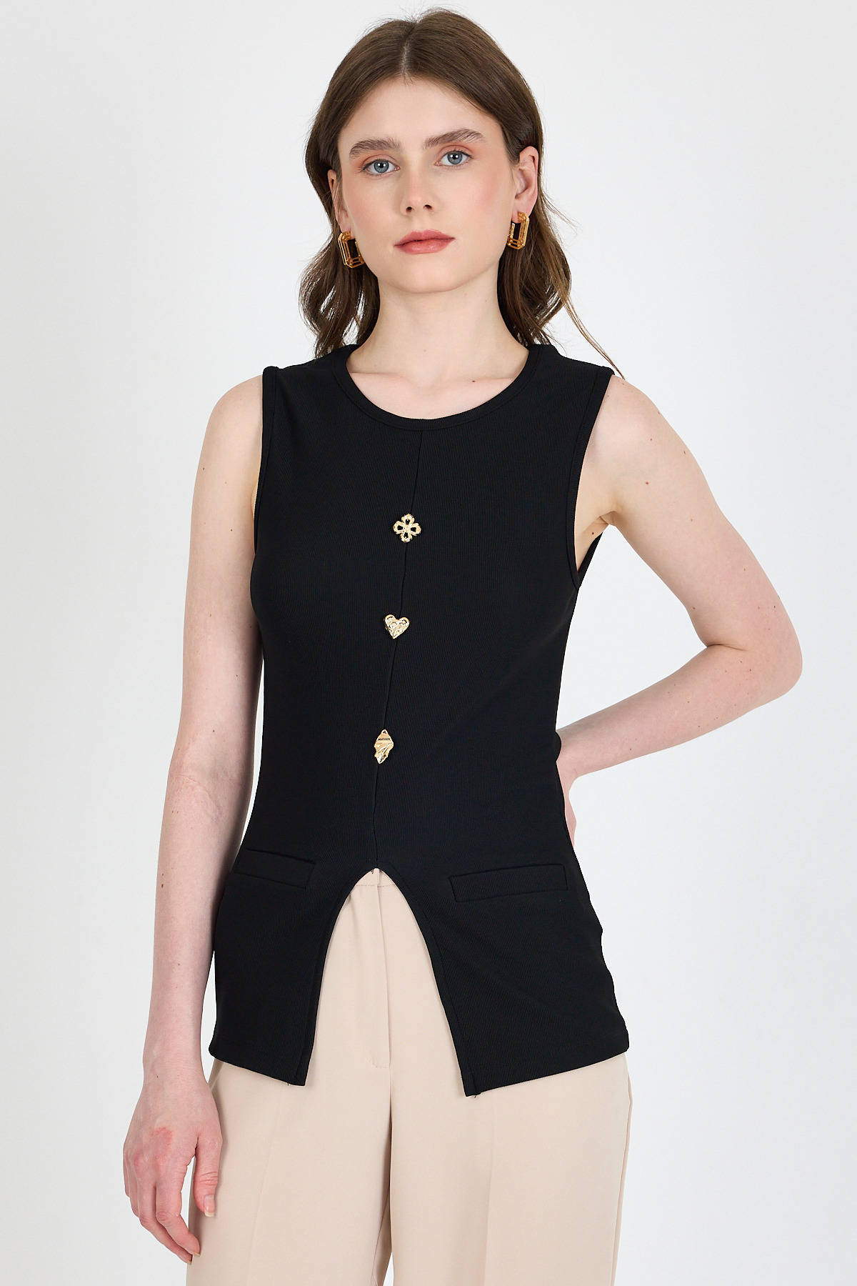 Siyah Kolsuz Düğme Detaylı Cep Detaylı Bluz 017 - 1