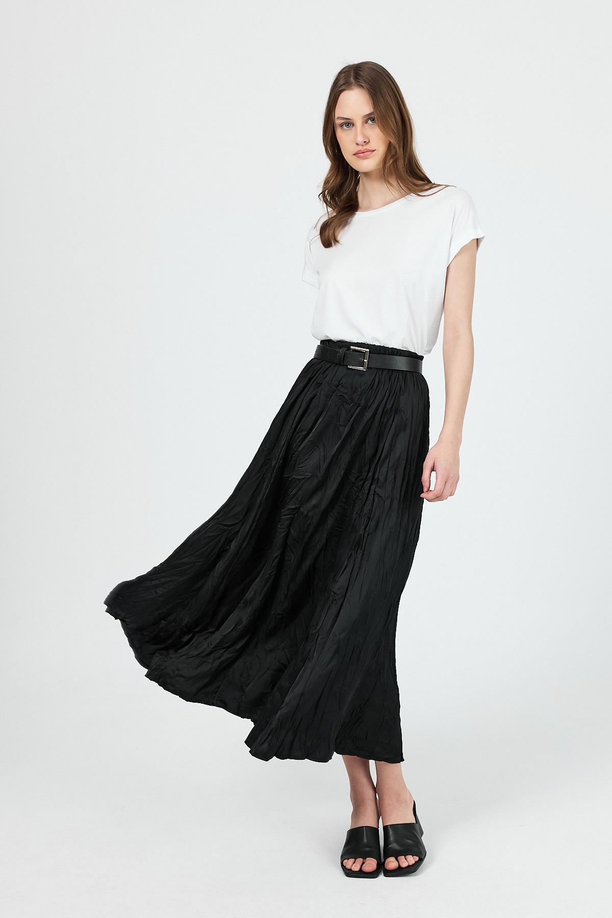 Siyah Kraşlı Kırışık Kumaş Etek 9470 