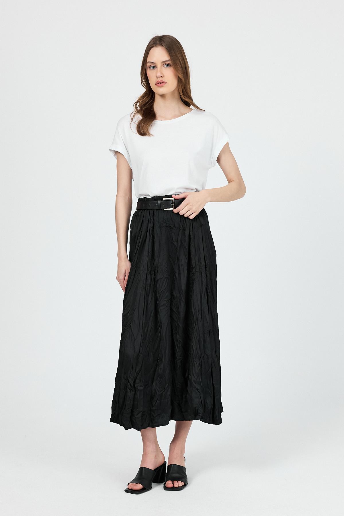 Siyah Kraşlı Kırışık Kumaş Etek 9470 - 2