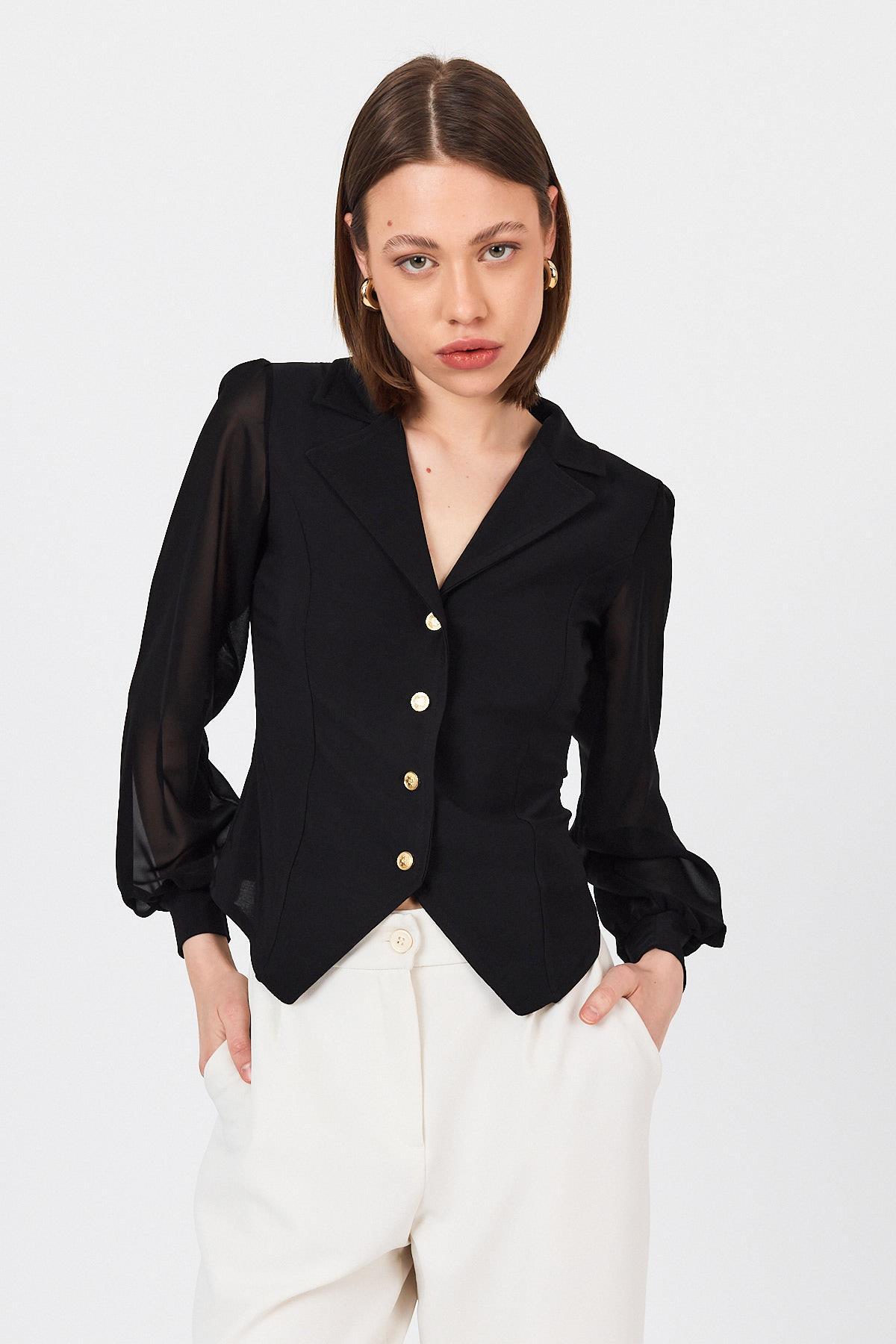 Siyah Kruvaze Yaka Düğmeli Pensli Gömlek 9476 - RAYS