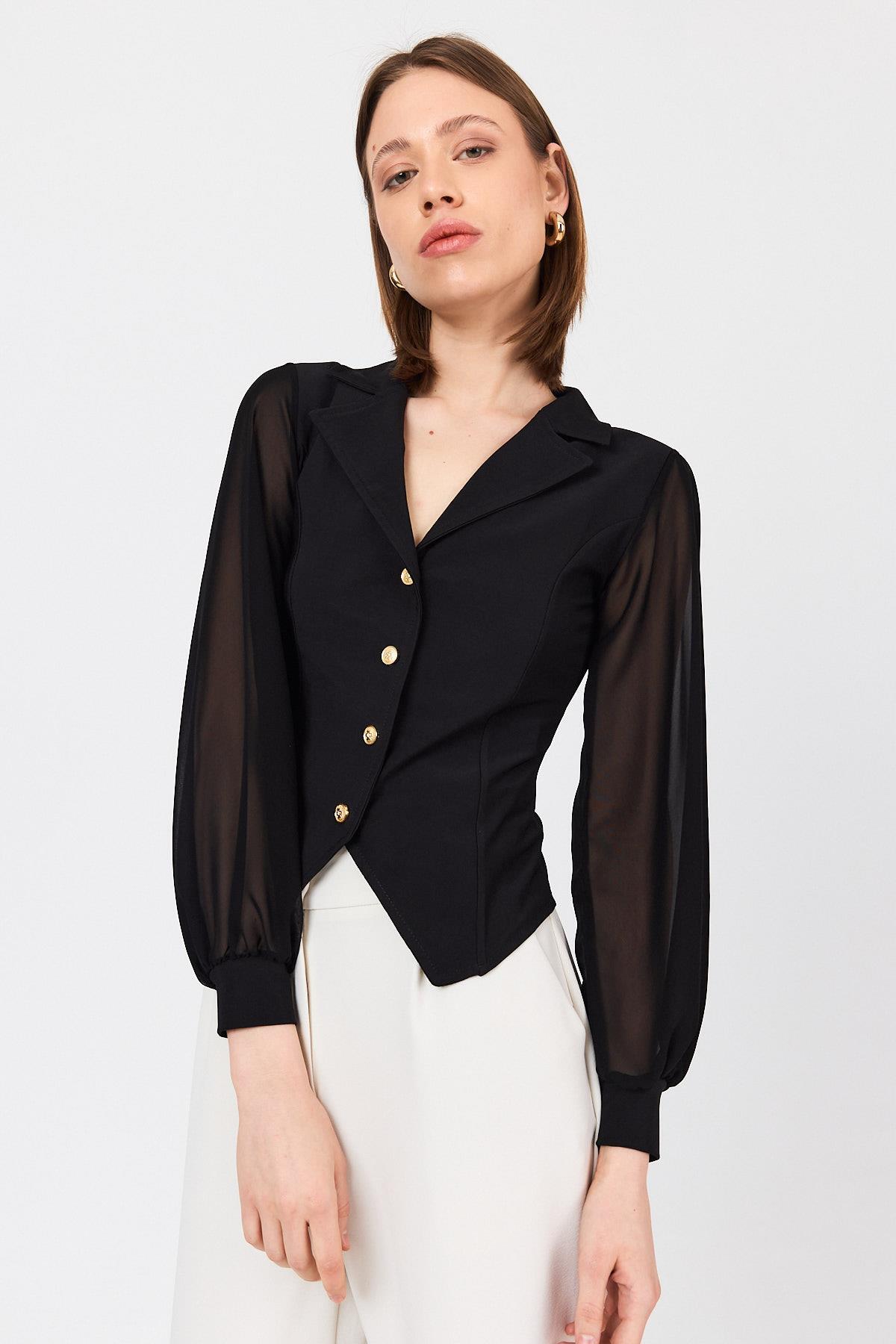 Siyah Kruvaze Yaka Düğmeli Pensli Gömlek 9476 - RAYS