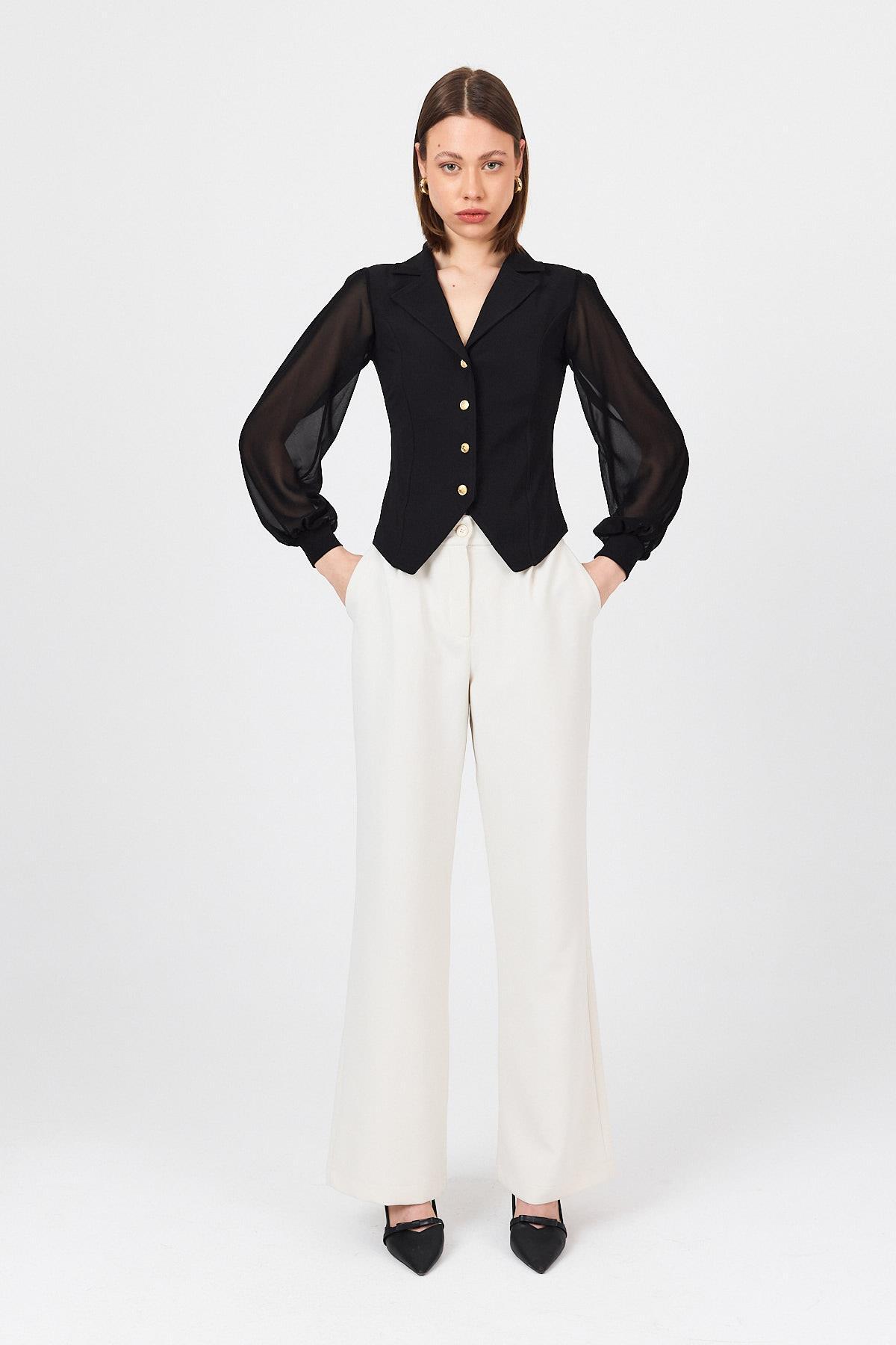 Siyah Kruvaze Yaka Düğmeli Pensli Gömlek 9476 - RAYS