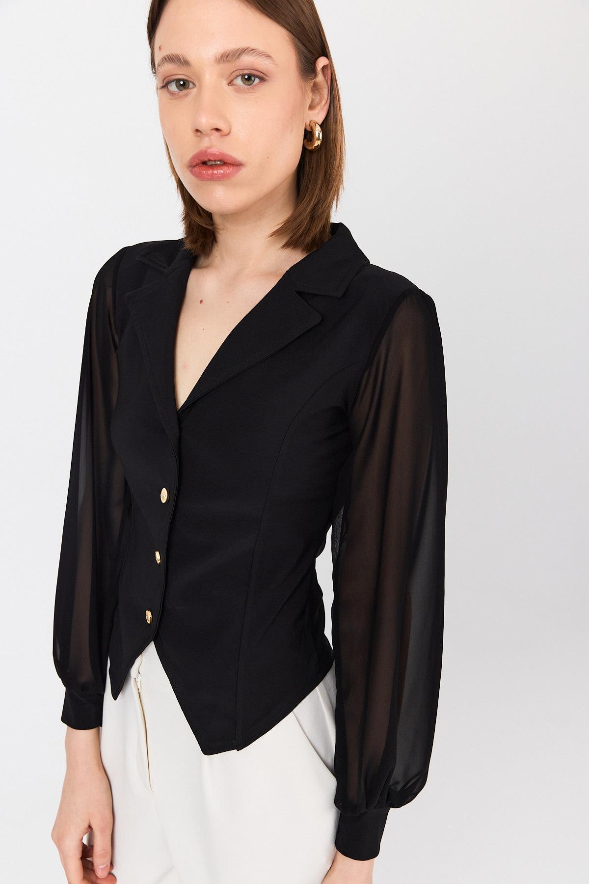 Siyah Kruvaze Yaka Düğmeli Pensli Gömlek 9476 - 4