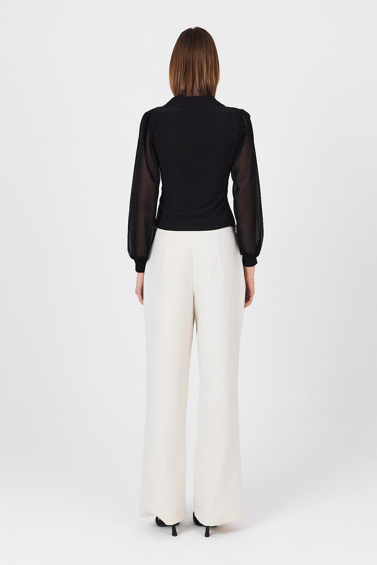 Siyah Kruvaze Yaka Düğmeli Pensli Gömlek 9476 - 5