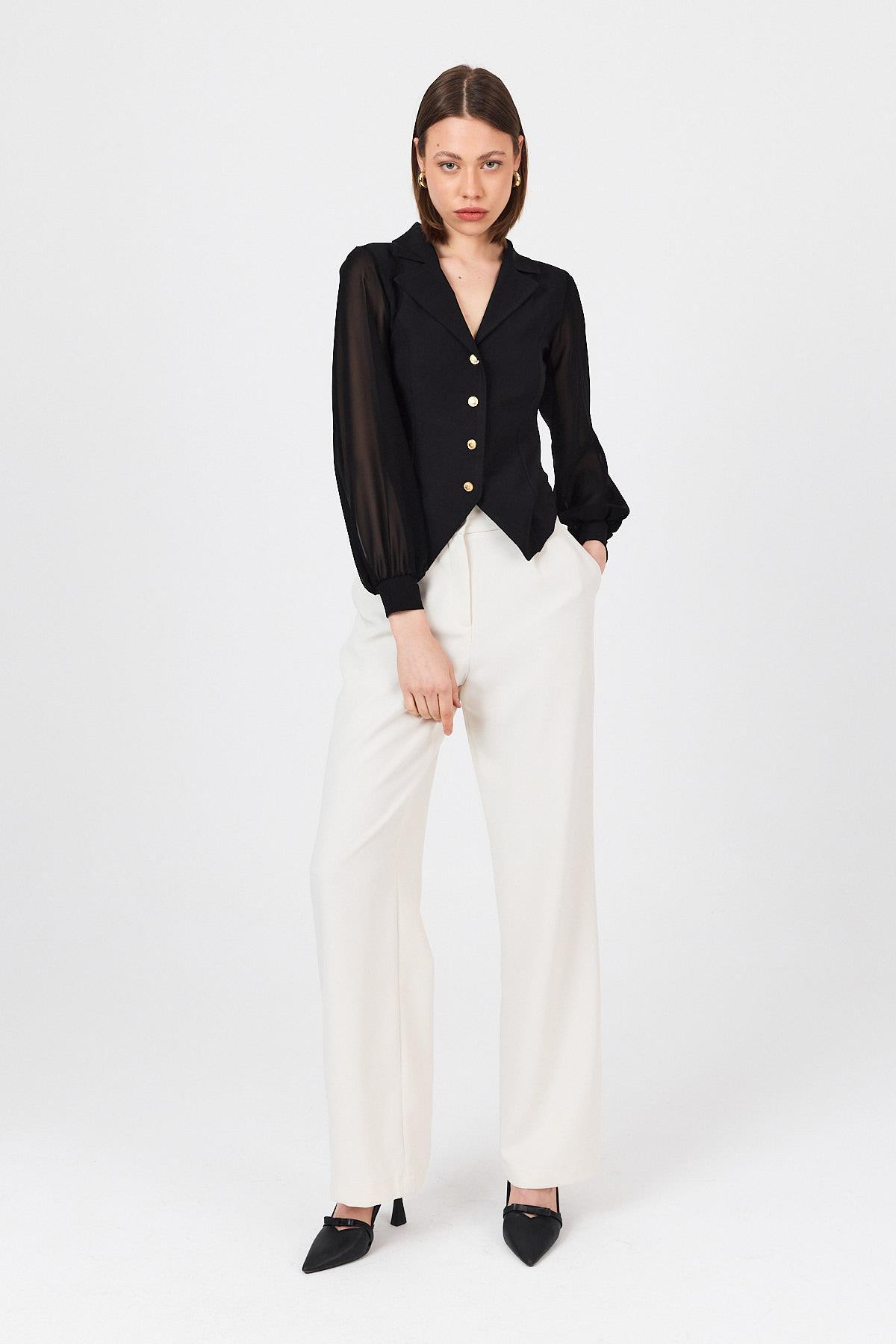 Siyah Kruvaze Yaka Düğmeli Pensli Gömlek 9476 - 6