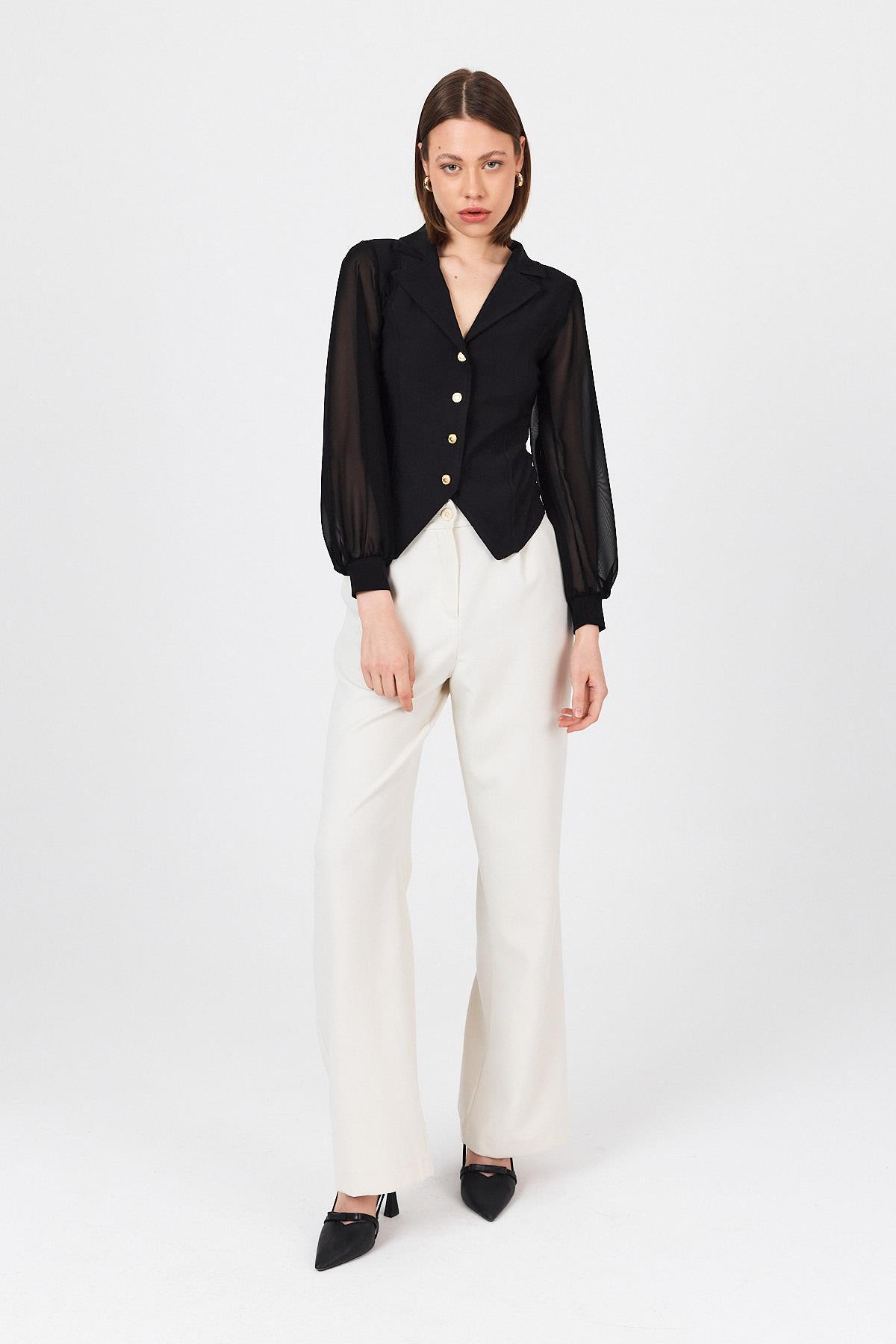 Siyah Kruvaze Yaka Düğmeli Pensli Gömlek 9476 - 8